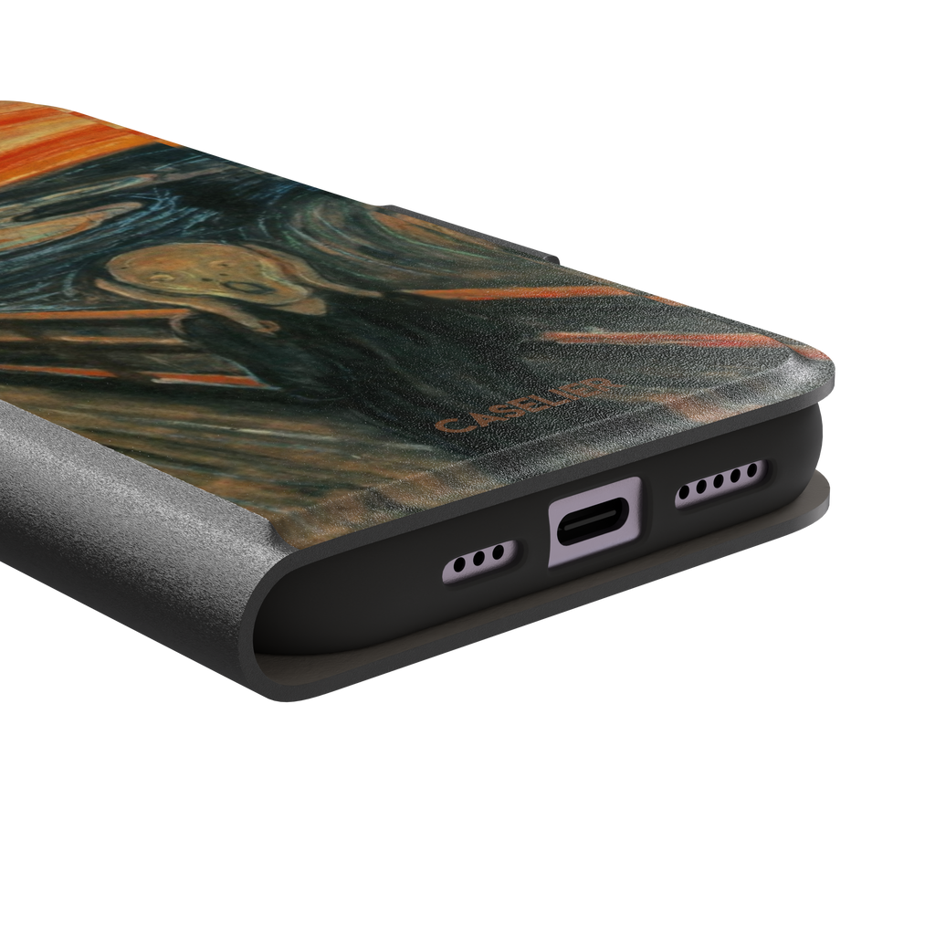 The Scream by Edvard Munch phone case showing the anguished figure on a bridge beneath a swirling orange and red sky, phone case by Caselier — wallet case, charging port detail