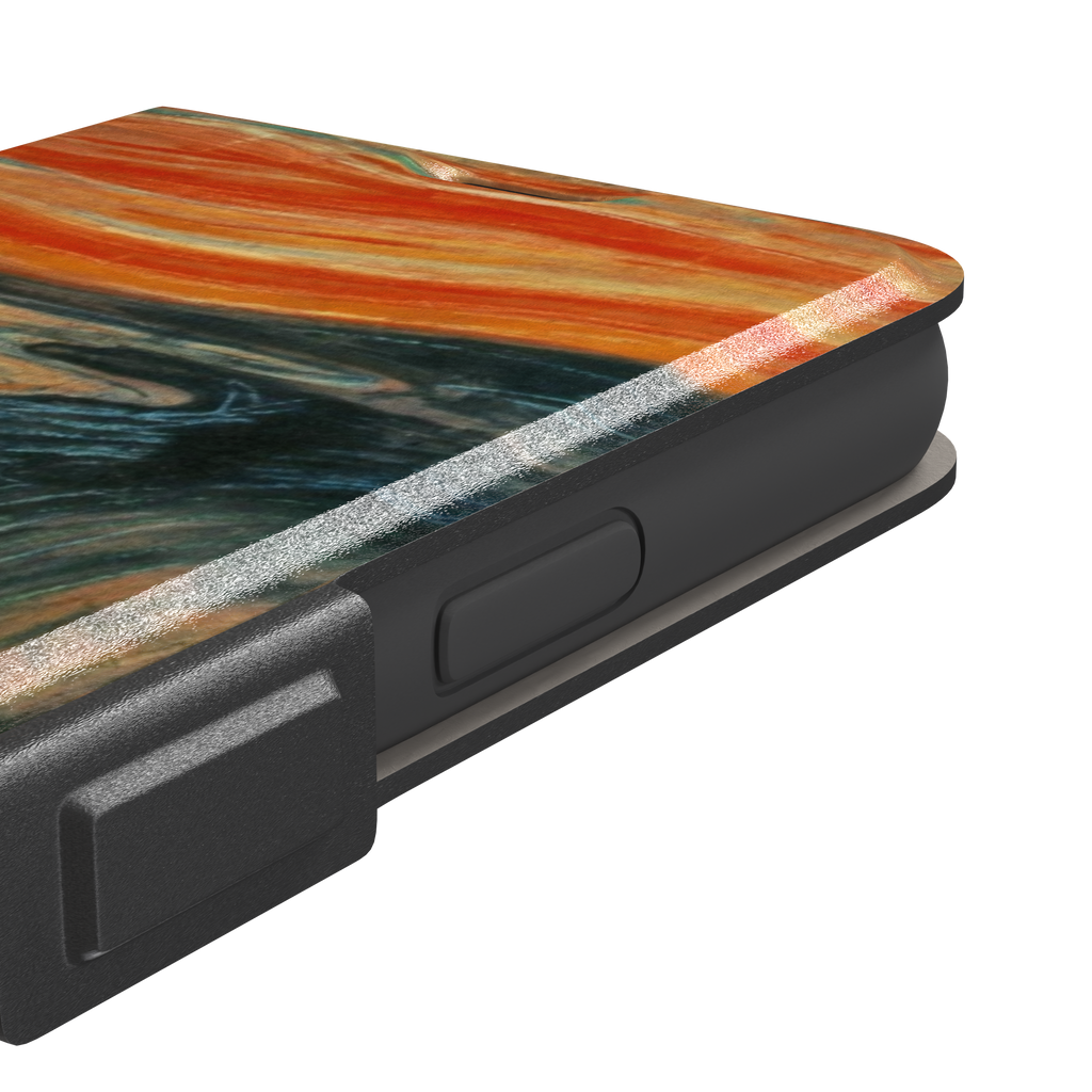 The Scream by Edvard Munch phone case showing the anguished figure on a bridge beneath a swirling orange and red sky, phone case by Caselier — wallet case, volume buttons detail
