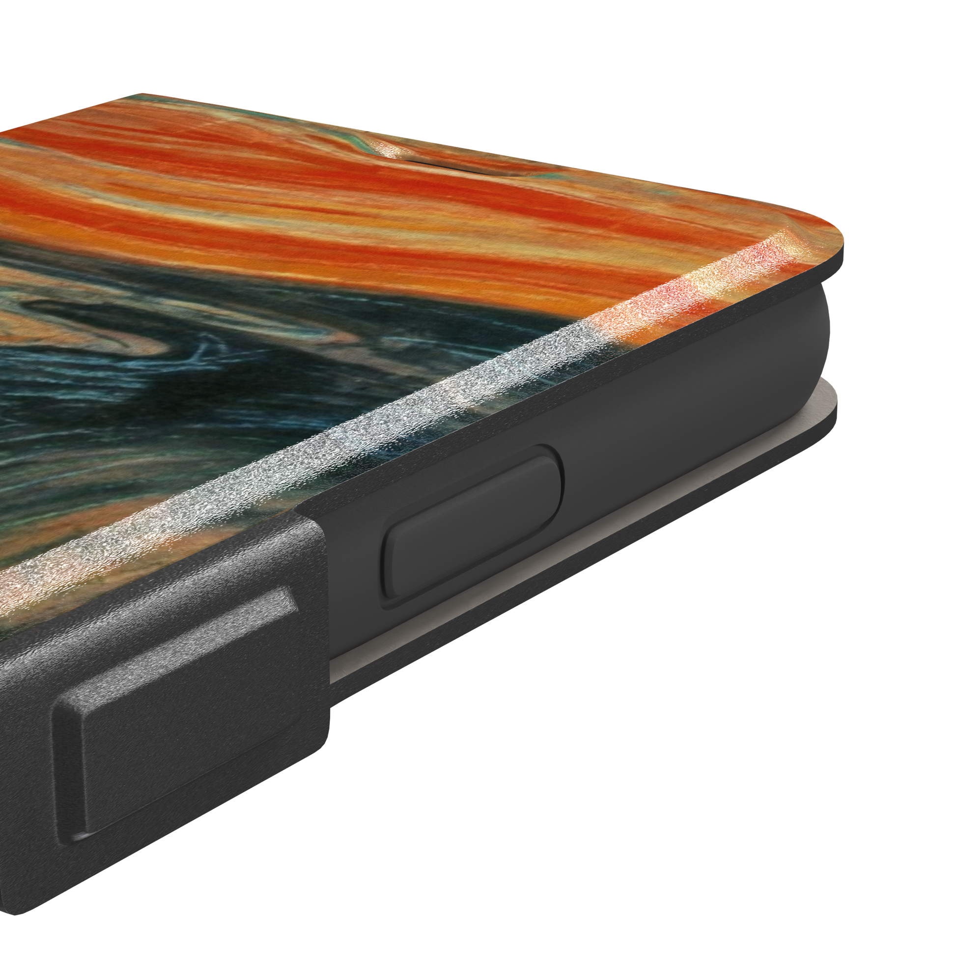 The Scream by Edvard Munch phone case showing the anguished figure on a bridge beneath a swirling orange and red sky, phone case by Caselier — wallet case, volume buttons detail