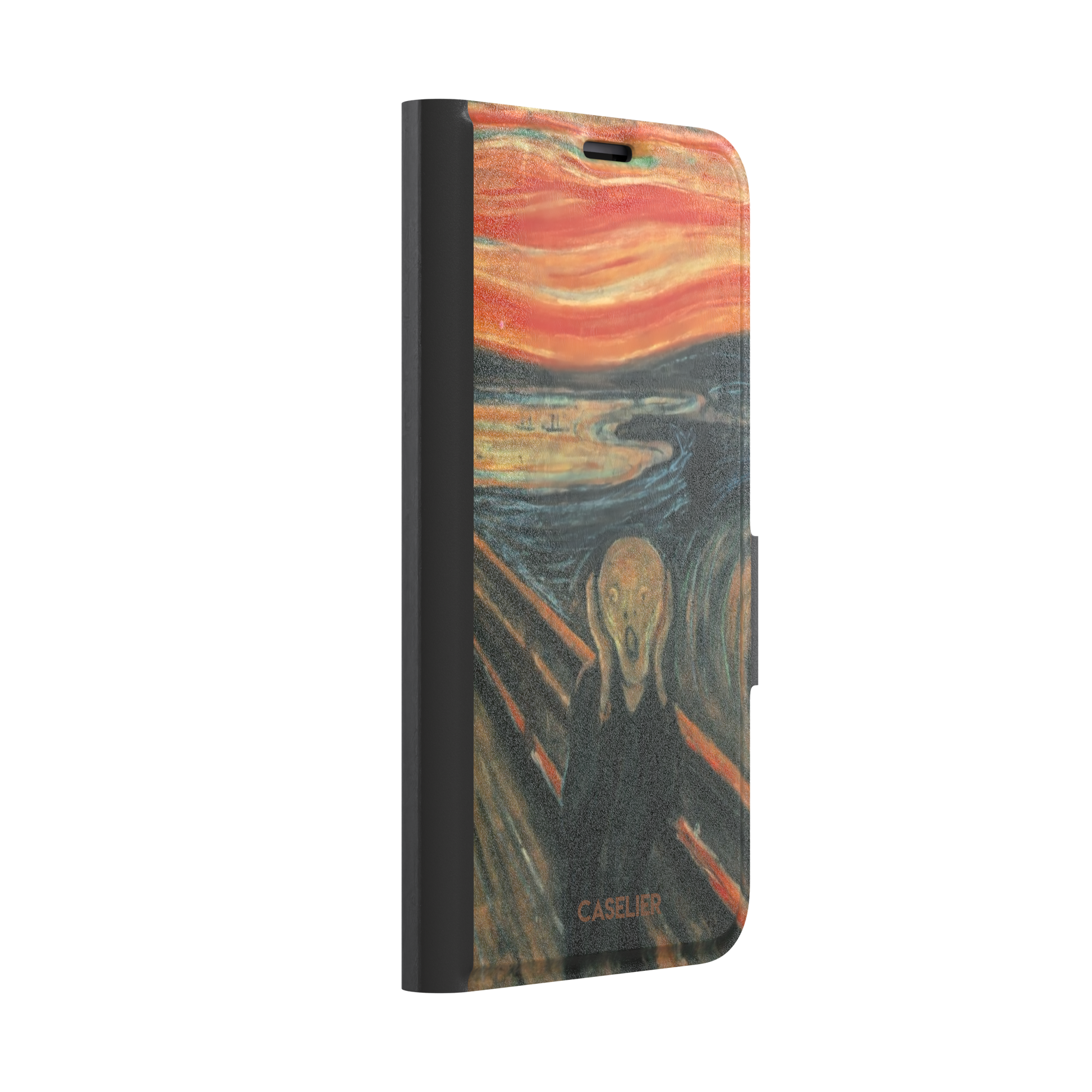 The Scream by Edvard Munch phone case showing the anguished figure on a bridge beneath a swirling orange and red sky, phone case by Caselier — wallet case, left view