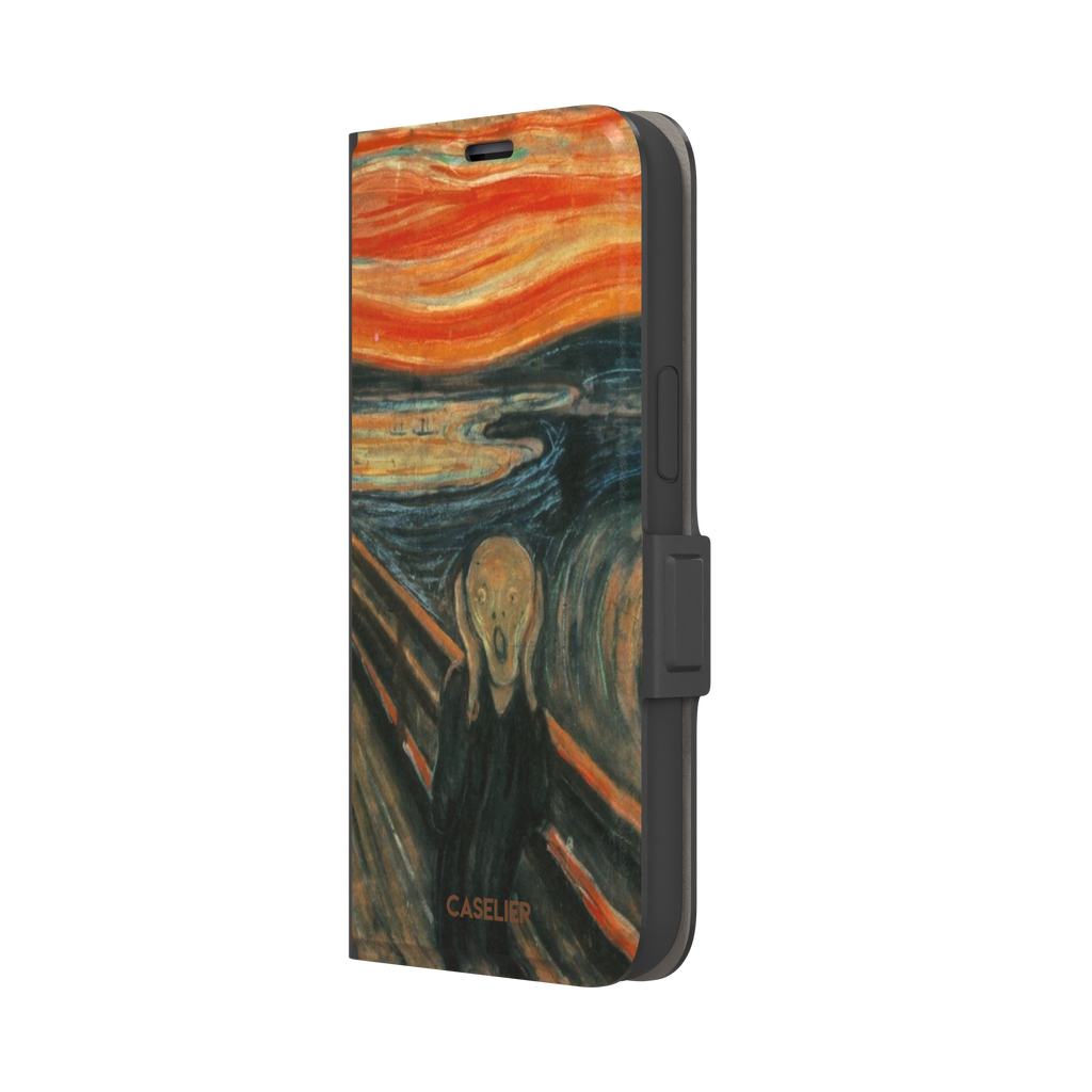 The Scream by Edvard Munch phone case showing the anguished figure on a bridge beneath a swirling orange and red sky, phone case by Caselier — wallet case, right view