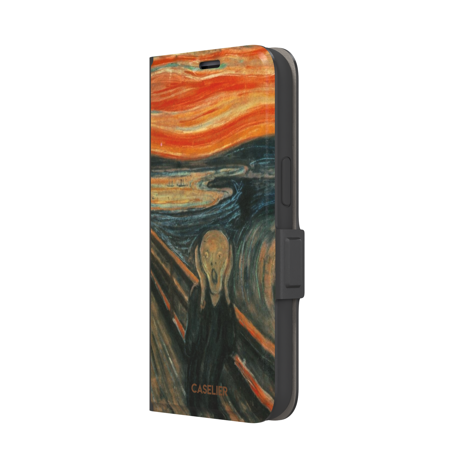 The Scream by Edvard Munch phone case showing the anguished figure on a bridge beneath a swirling orange and red sky, phone case by Caselier — wallet case, right view
