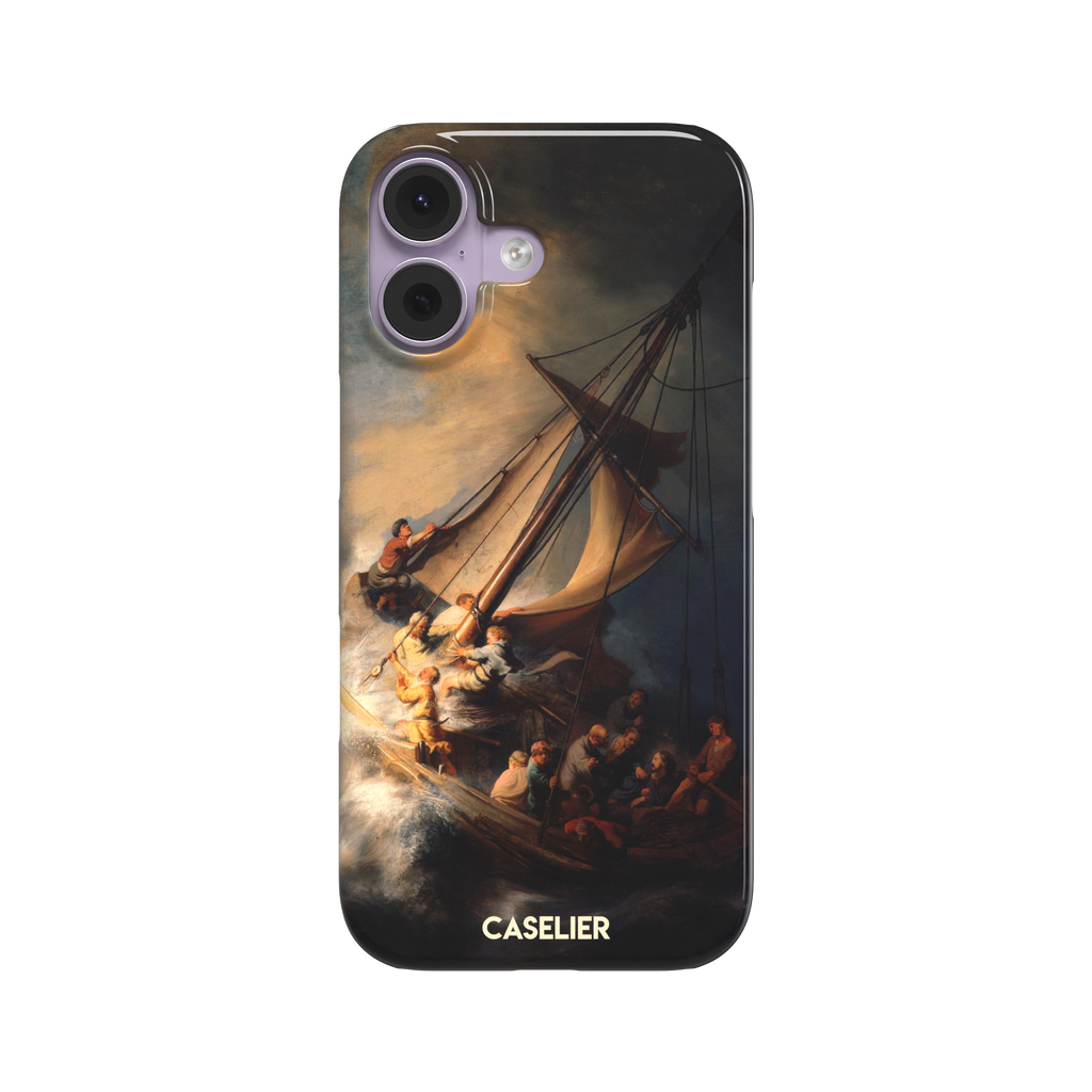 The Storm on the Sea of Galilee by Rembrandt, dark tempestuous ocean, golden-lit figures on a tilting sailboat with billowing sails and dramatic chiaroscuro — snap case, front view
