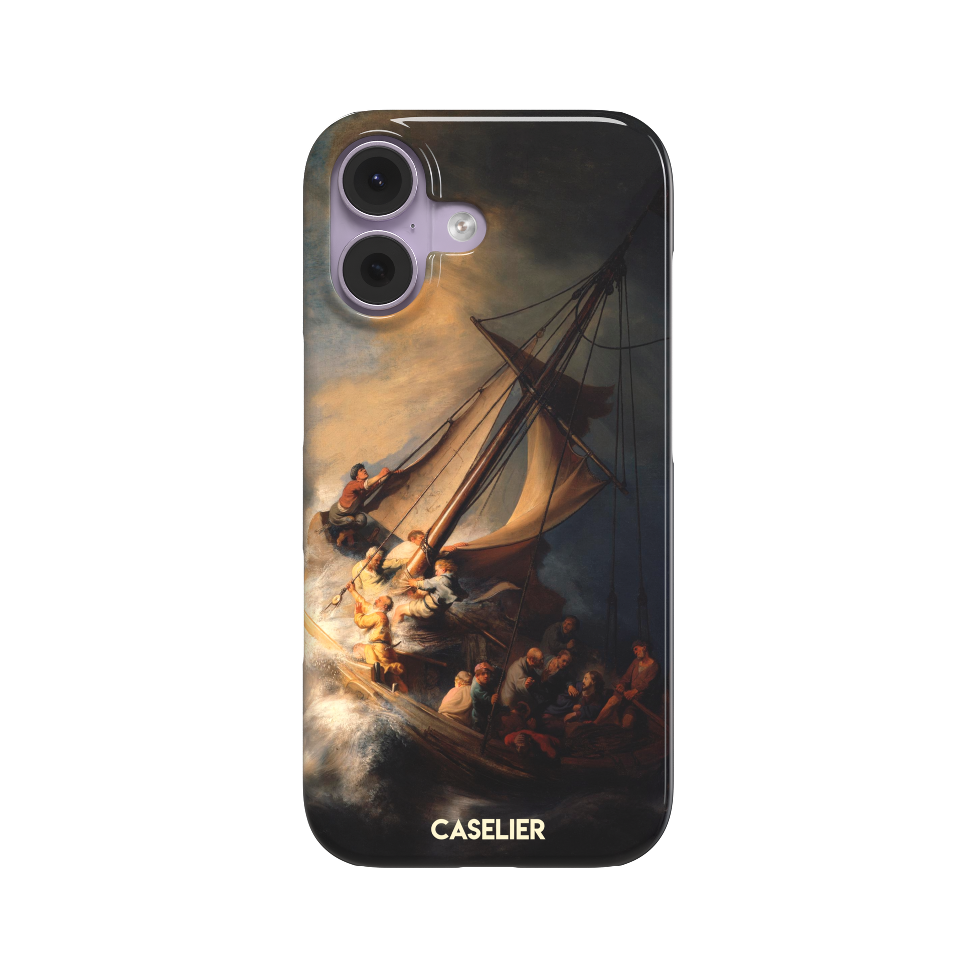 The Storm on the Sea of Galilee by Rembrandt, dark tempestuous ocean, golden-lit figures on a tilting sailboat with billowing sails and dramatic chiaroscuro — snap case, front view