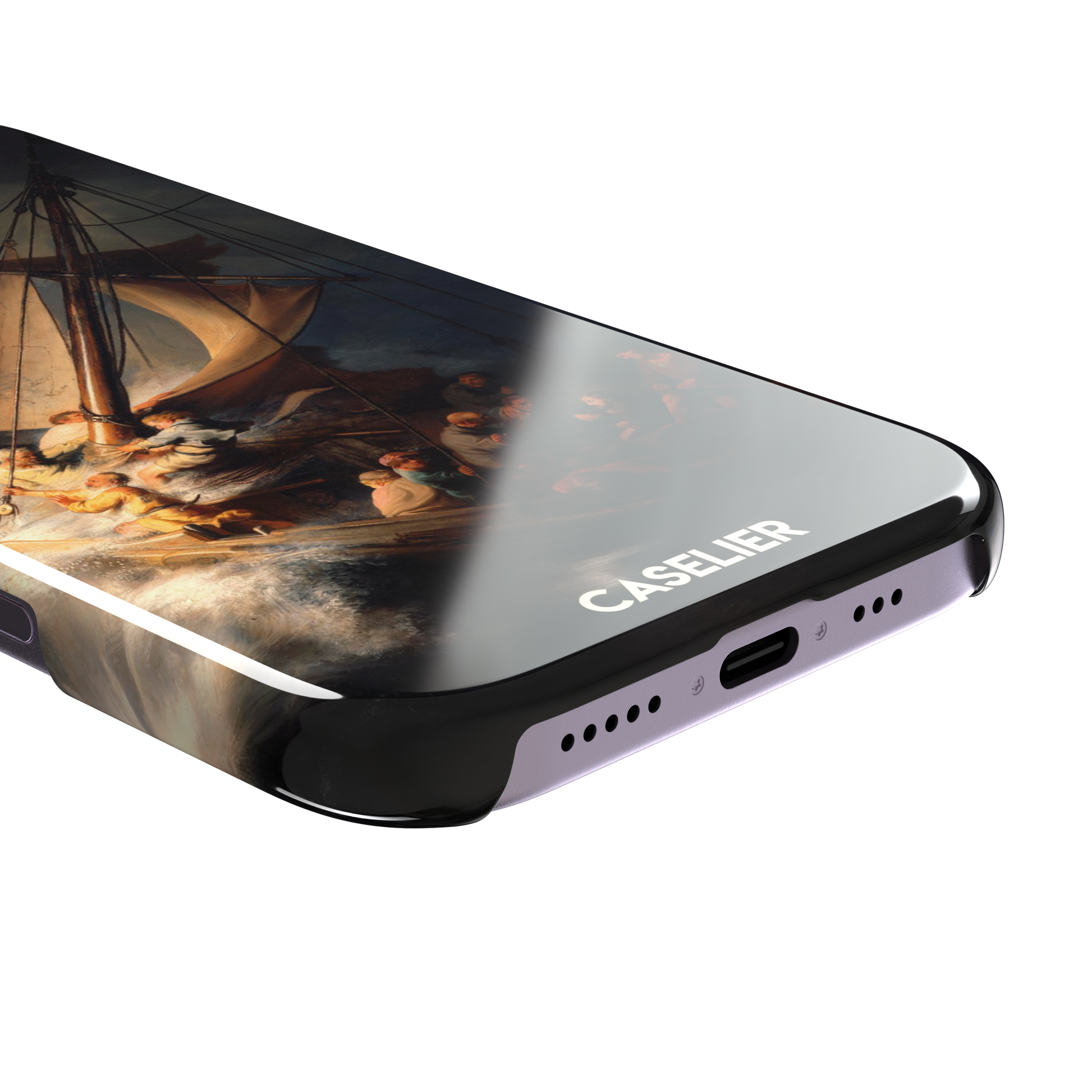 The Storm on the Sea of Galilee by Rembrandt, dark tempestuous ocean, golden-lit figures on a tilting sailboat with billowing sails and dramatic chiaroscuro — snap case, charging port detail