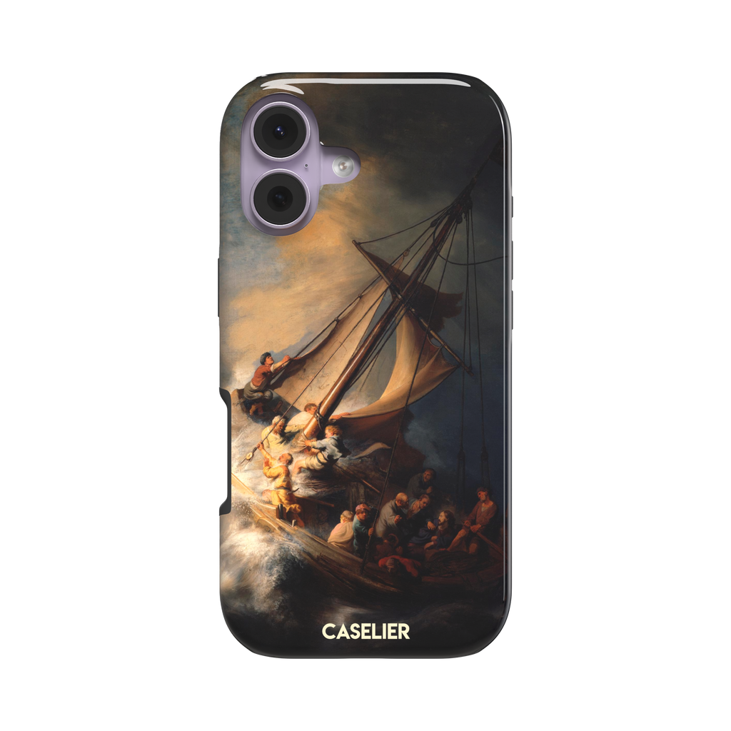 The Storm on the Sea of Galilee by Rembrandt, dark tempestuous ocean, golden-lit figures on a tilting sailboat with billowing sails and dramatic chiaroscuro — tough case, front view