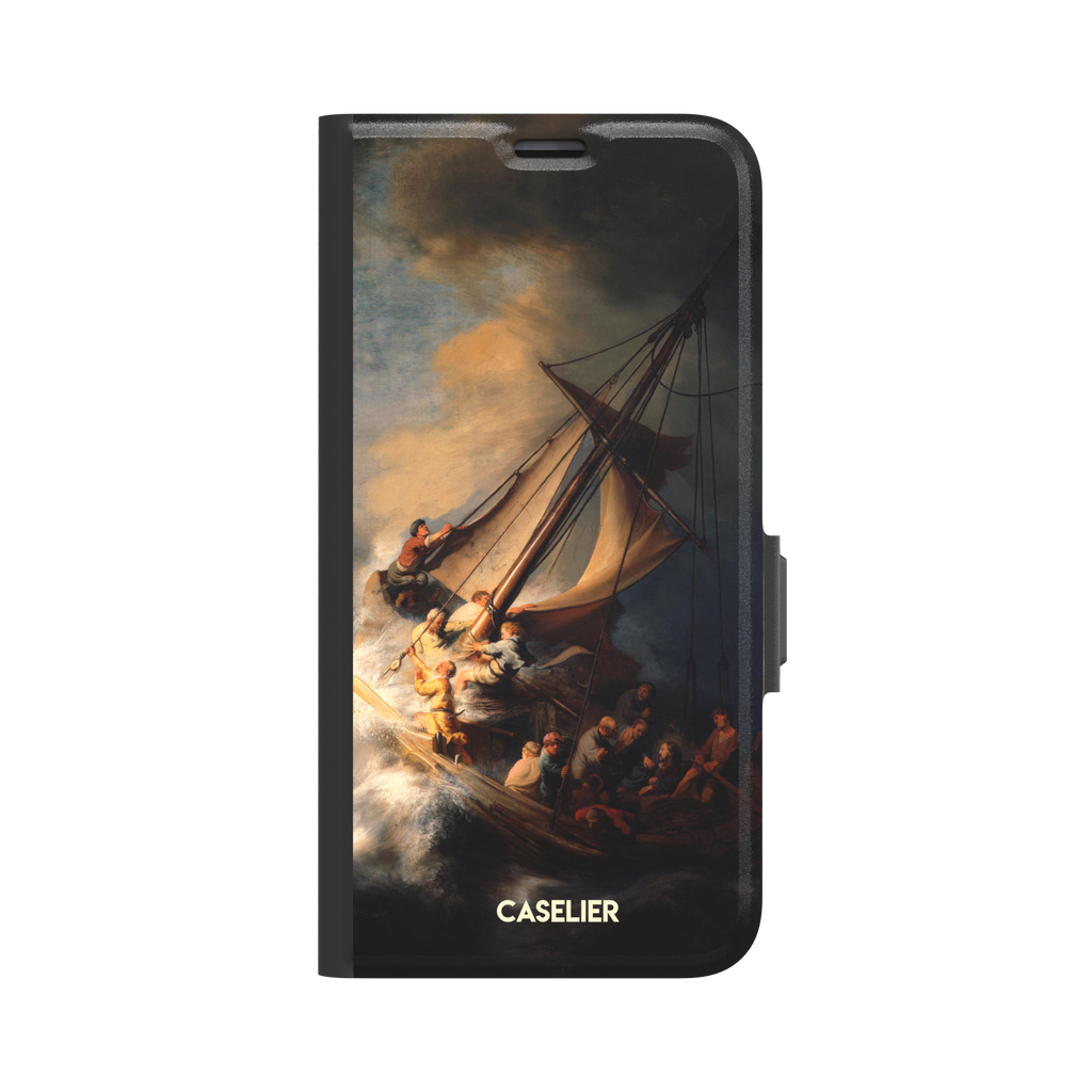 The Storm on the Sea of Galilee by Rembrandt, dark tempestuous ocean, golden-lit figures on a tilting sailboat with billowing sails and dramatic chiaroscuro — wallet case, front view