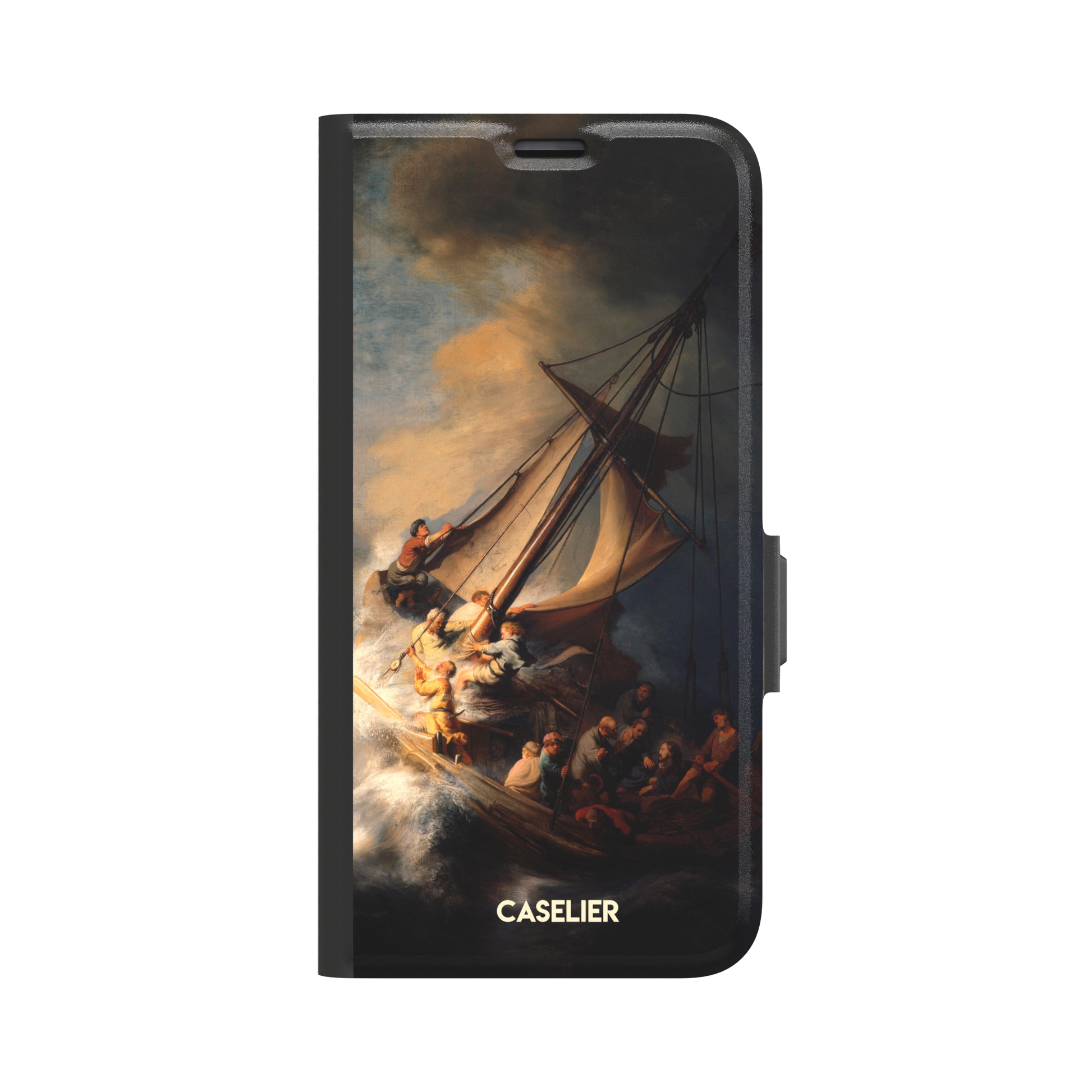 The Storm on the Sea of Galilee by Rembrandt, dark tempestuous ocean, golden-lit figures on a tilting sailboat with billowing sails and dramatic chiaroscuro — wallet case, front view