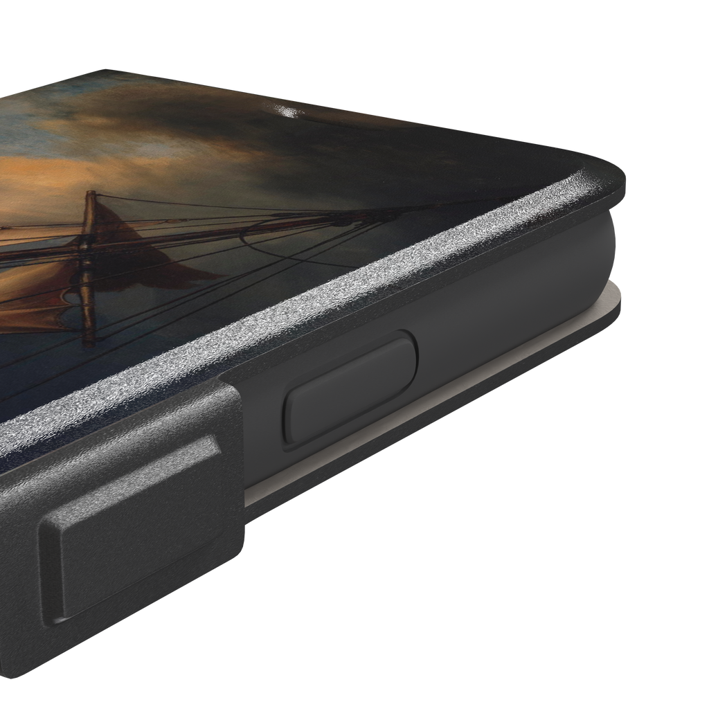 The Storm on the Sea of Galilee by Rembrandt, dark tempestuous ocean, golden-lit figures on a tilting sailboat with billowing sails and dramatic chiaroscuro — wallet case, volume buttons detail