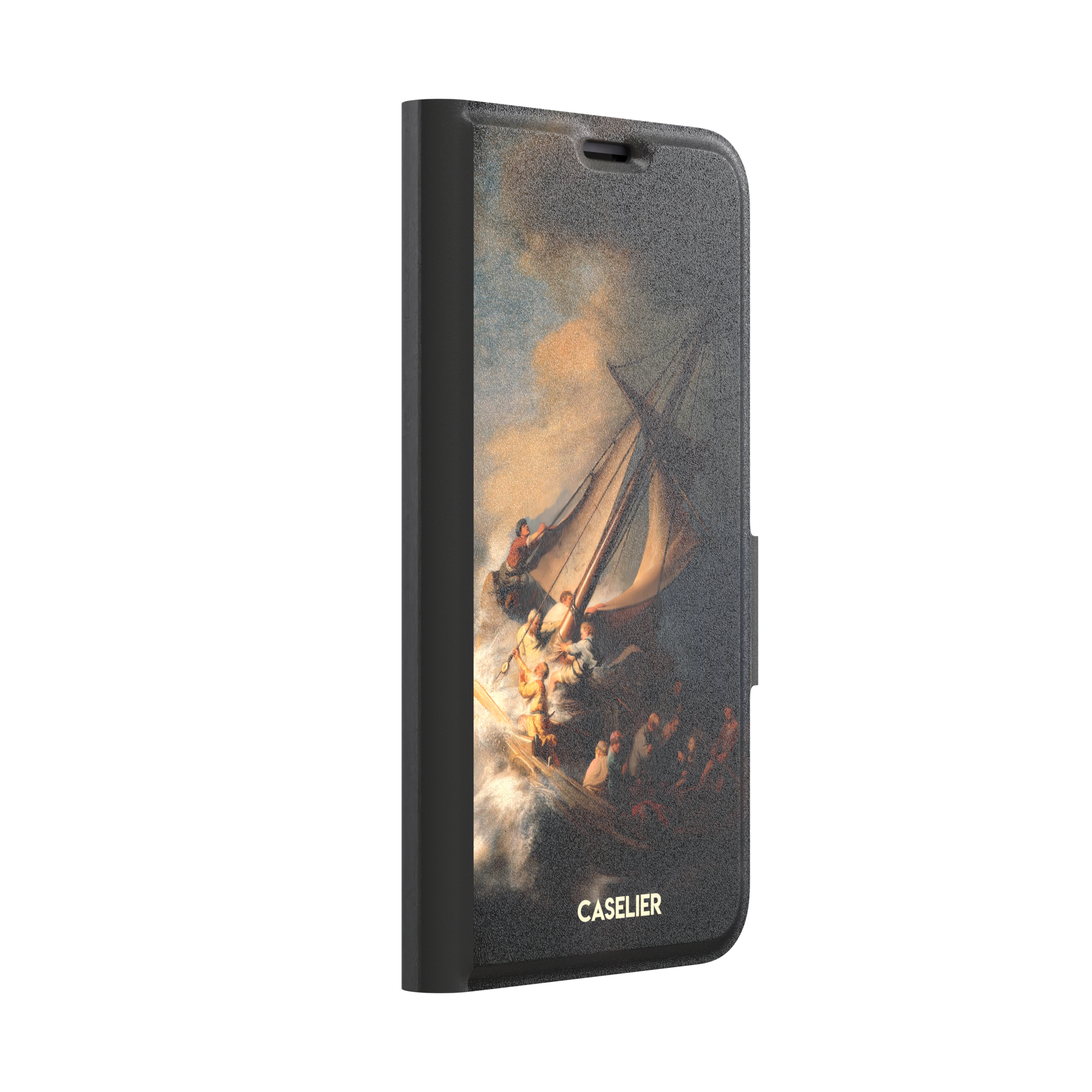 The Storm on the Sea of Galilee by Rembrandt, dark tempestuous ocean, golden-lit figures on a tilting sailboat with billowing sails and dramatic chiaroscuro — wallet case, left view