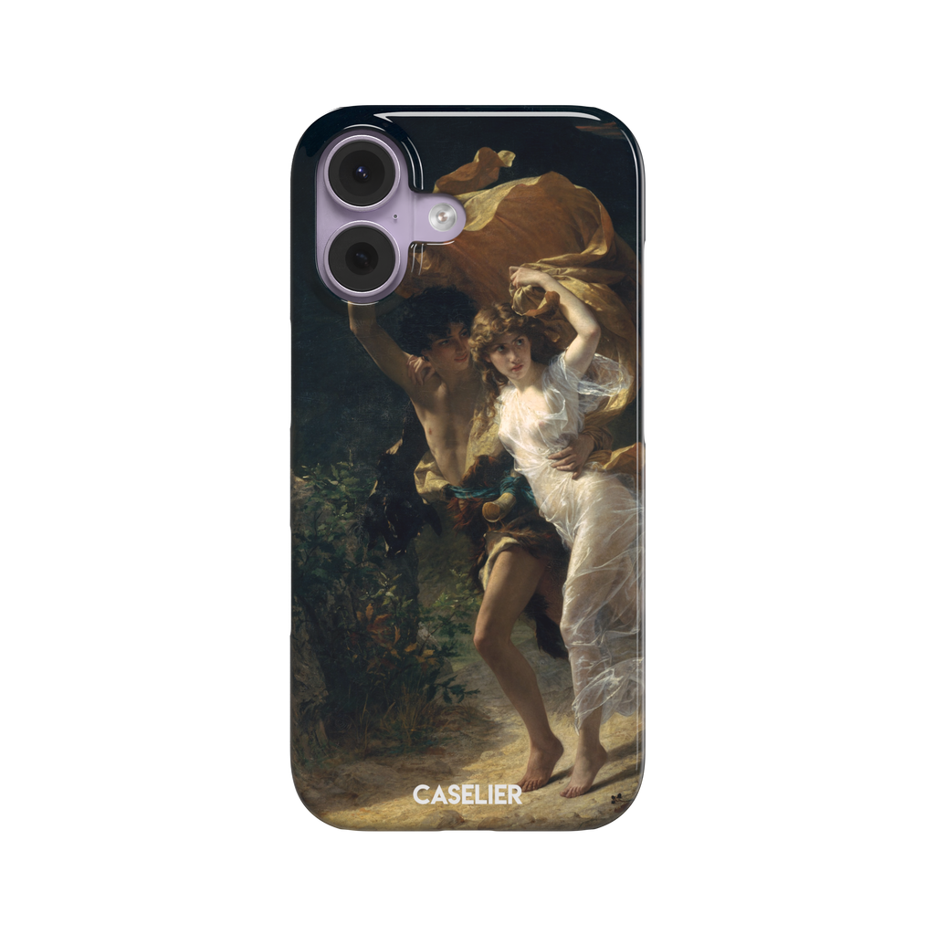 The Storm by Pierre Auguste Cot, showing two figures fleeing a storm in warm golds, white, and deep teal tones — snap case, front view