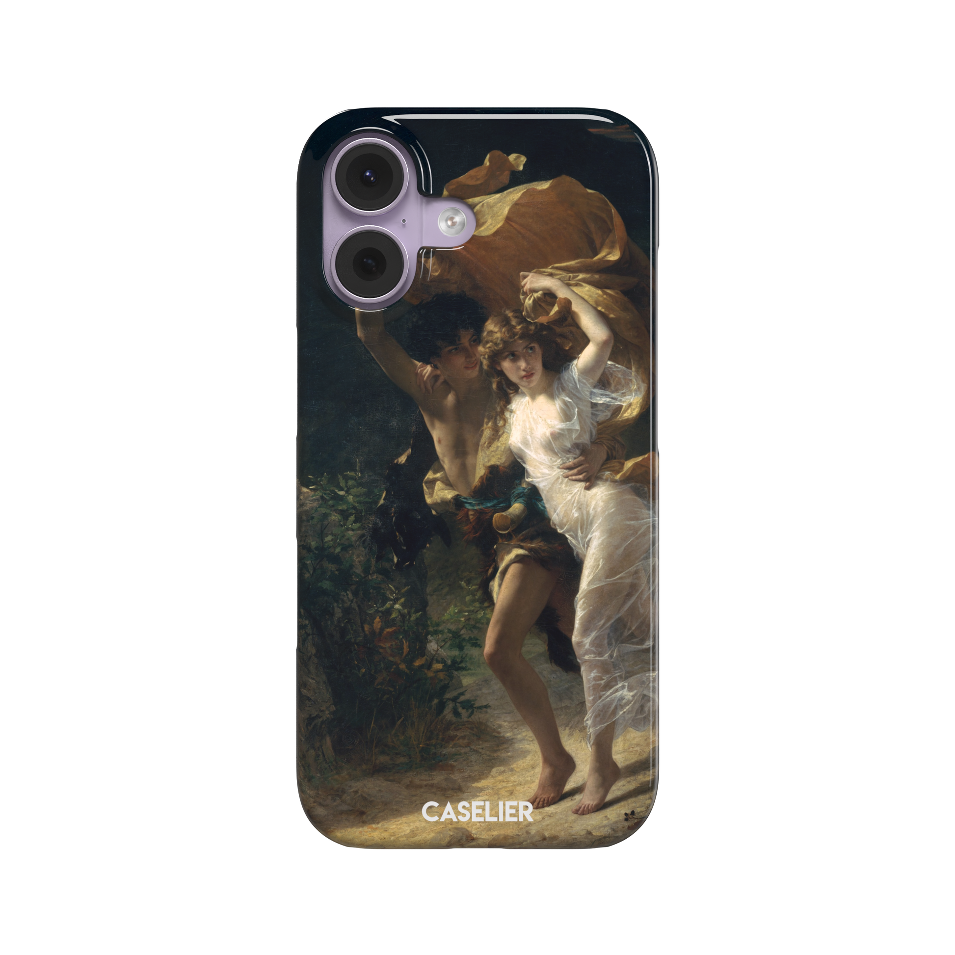 The Storm by Pierre Auguste Cot, showing two figures fleeing a storm in warm golds, white, and deep teal tones — snap case, front view