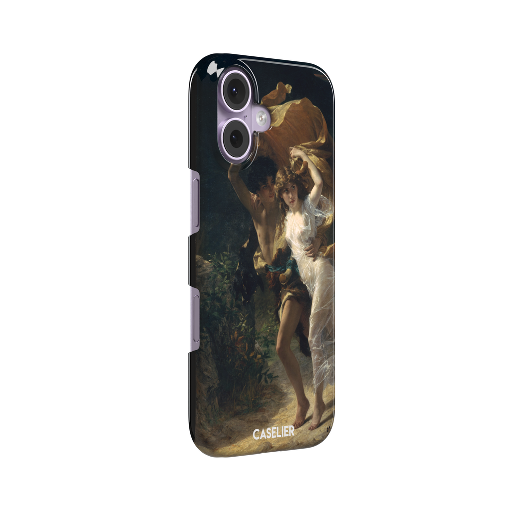 The Storm by Pierre Auguste Cot, showing two figures fleeing a storm in warm golds, white, and deep teal tones — snap case, left view