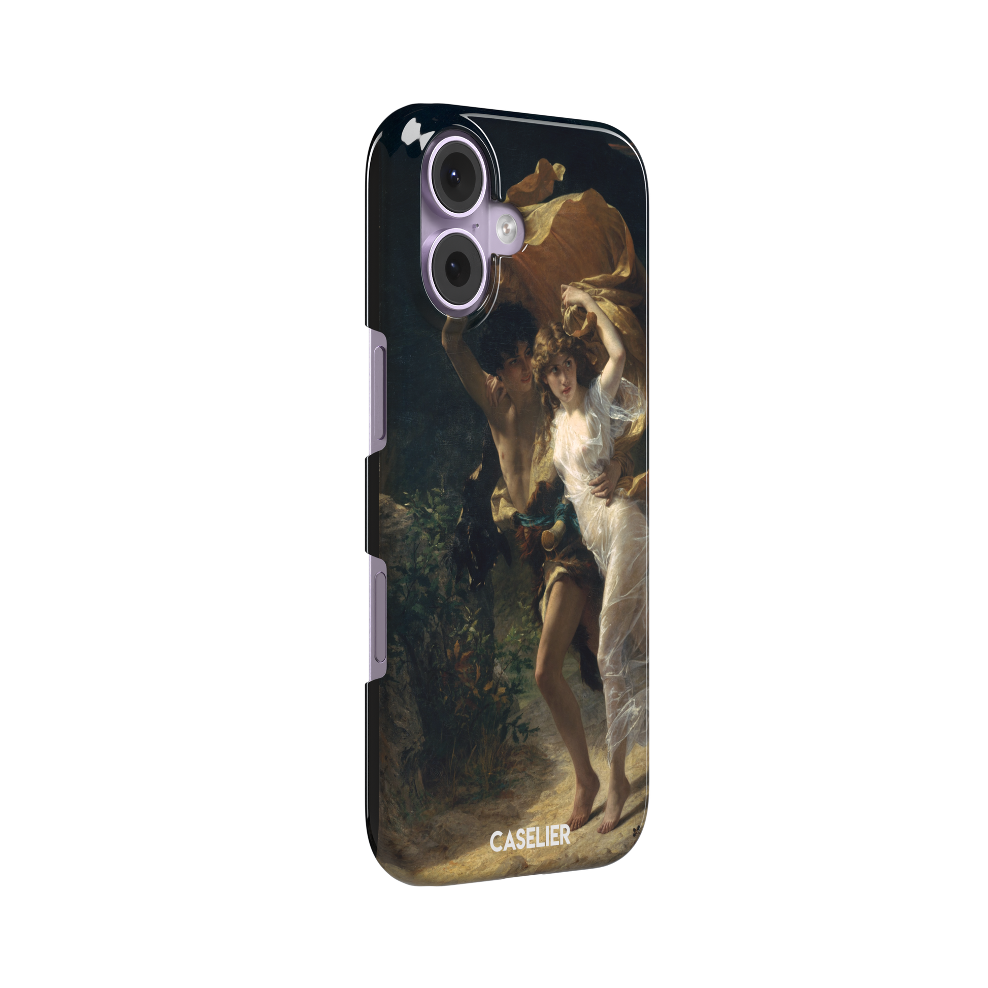 The Storm by Pierre Auguste Cot, showing two figures fleeing a storm in warm golds, white, and deep teal tones — snap case, left view