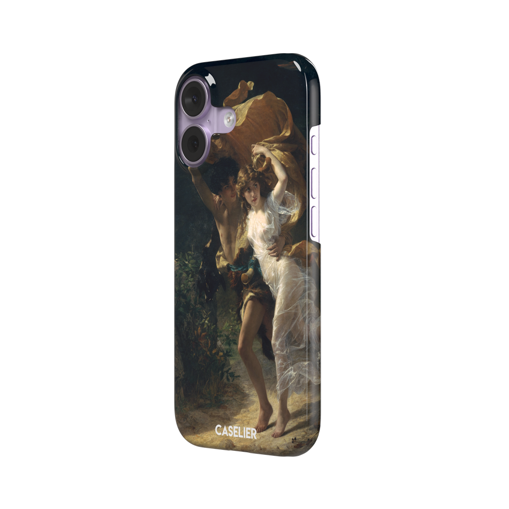 The Storm by Pierre Auguste Cot, showing two figures fleeing a storm in warm golds, white, and deep teal tones — snap case, right view