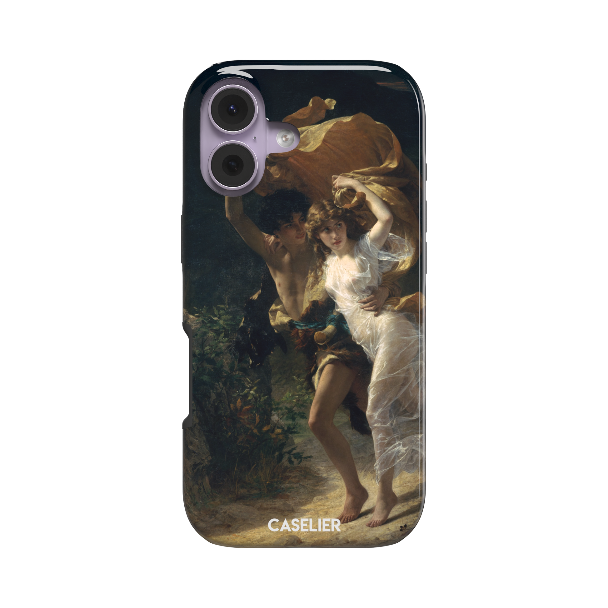 The Storm by Pierre Auguste Cot, showing two figures fleeing a storm in warm golds, white, and deep teal tones — tough case, front view