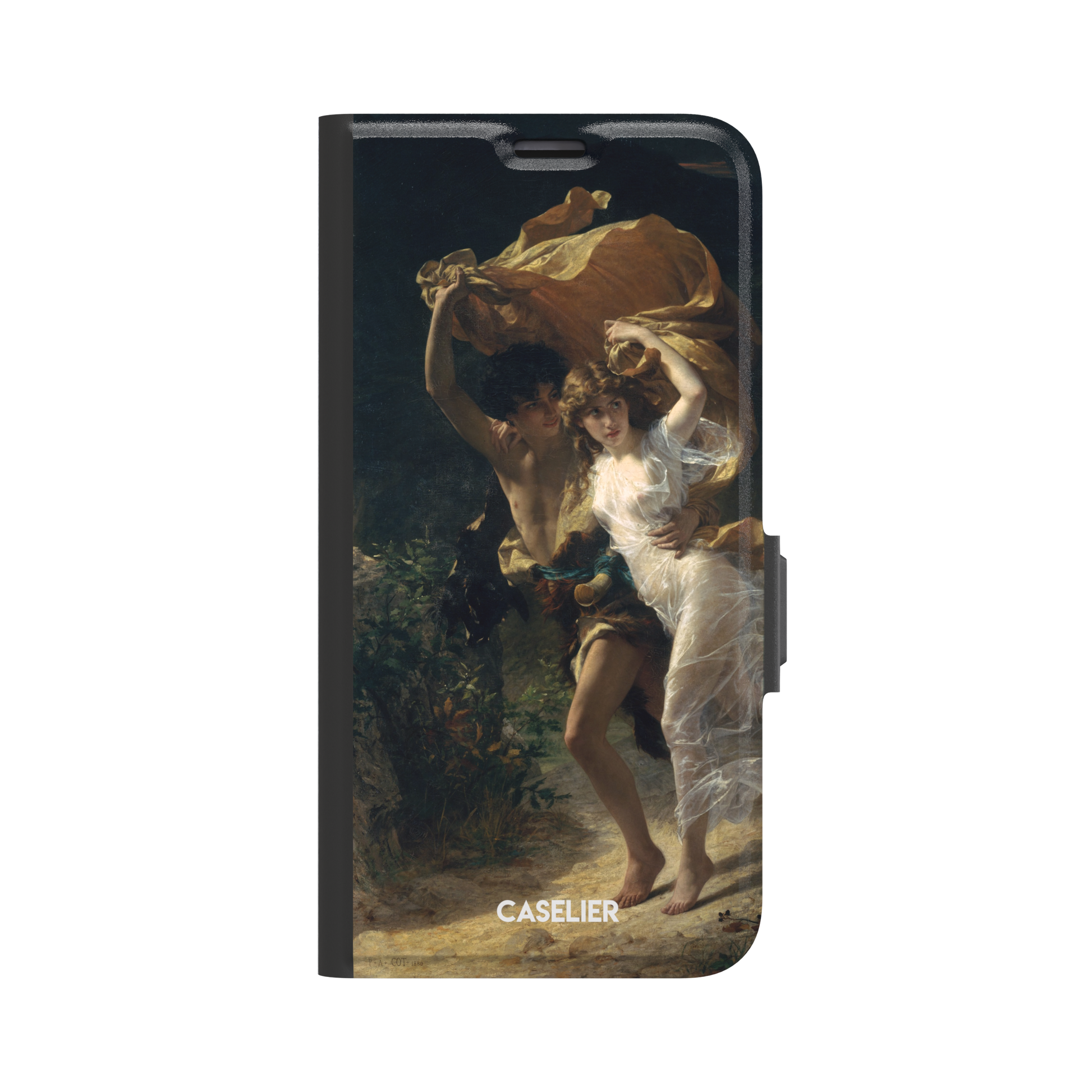 The Storm by Pierre Auguste Cot, showing two figures fleeing a storm in warm golds, white, and deep teal tones — wallet case, front view