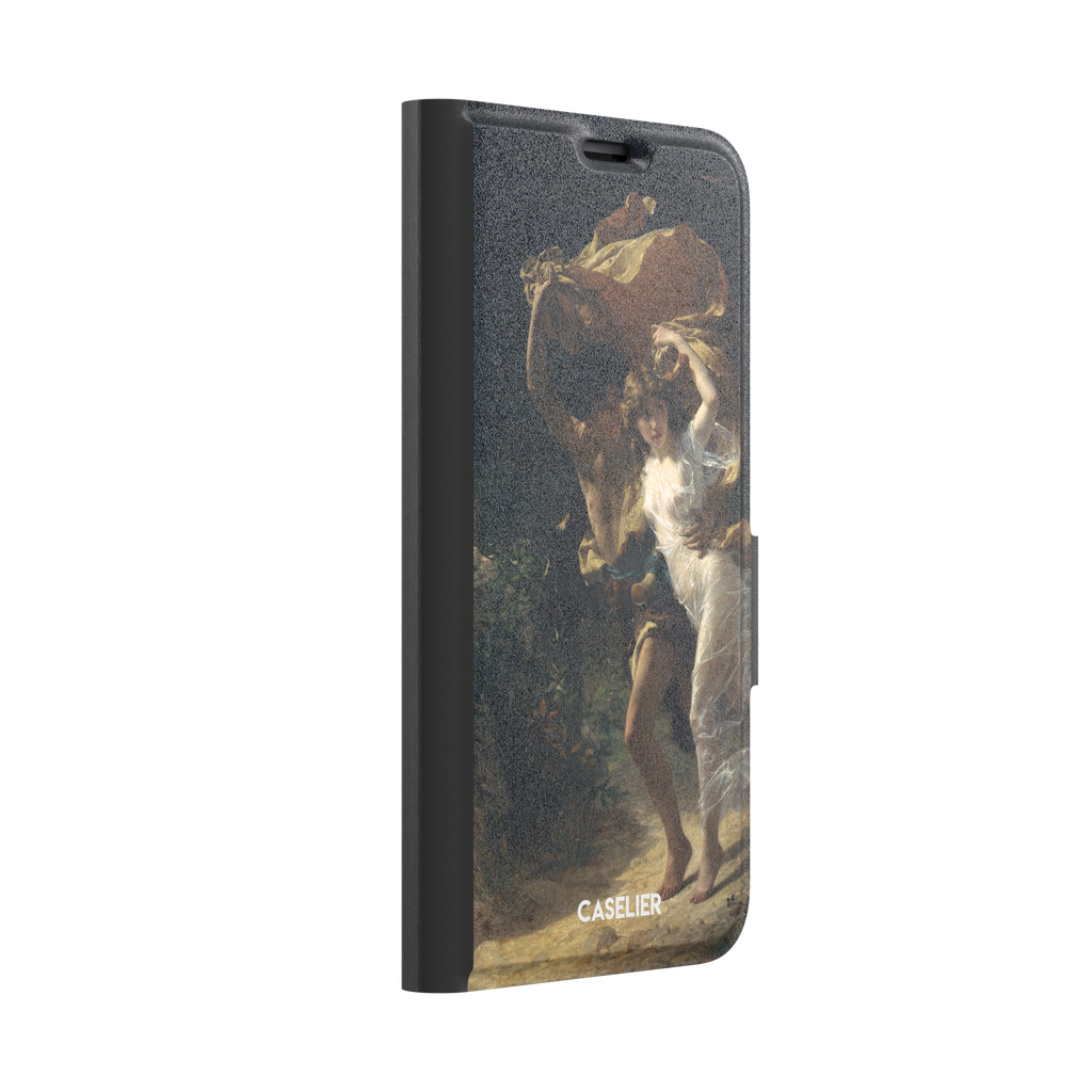 The Storm by Pierre Auguste Cot, showing two figures fleeing a storm in warm golds, white, and deep teal tones — wallet case, left view