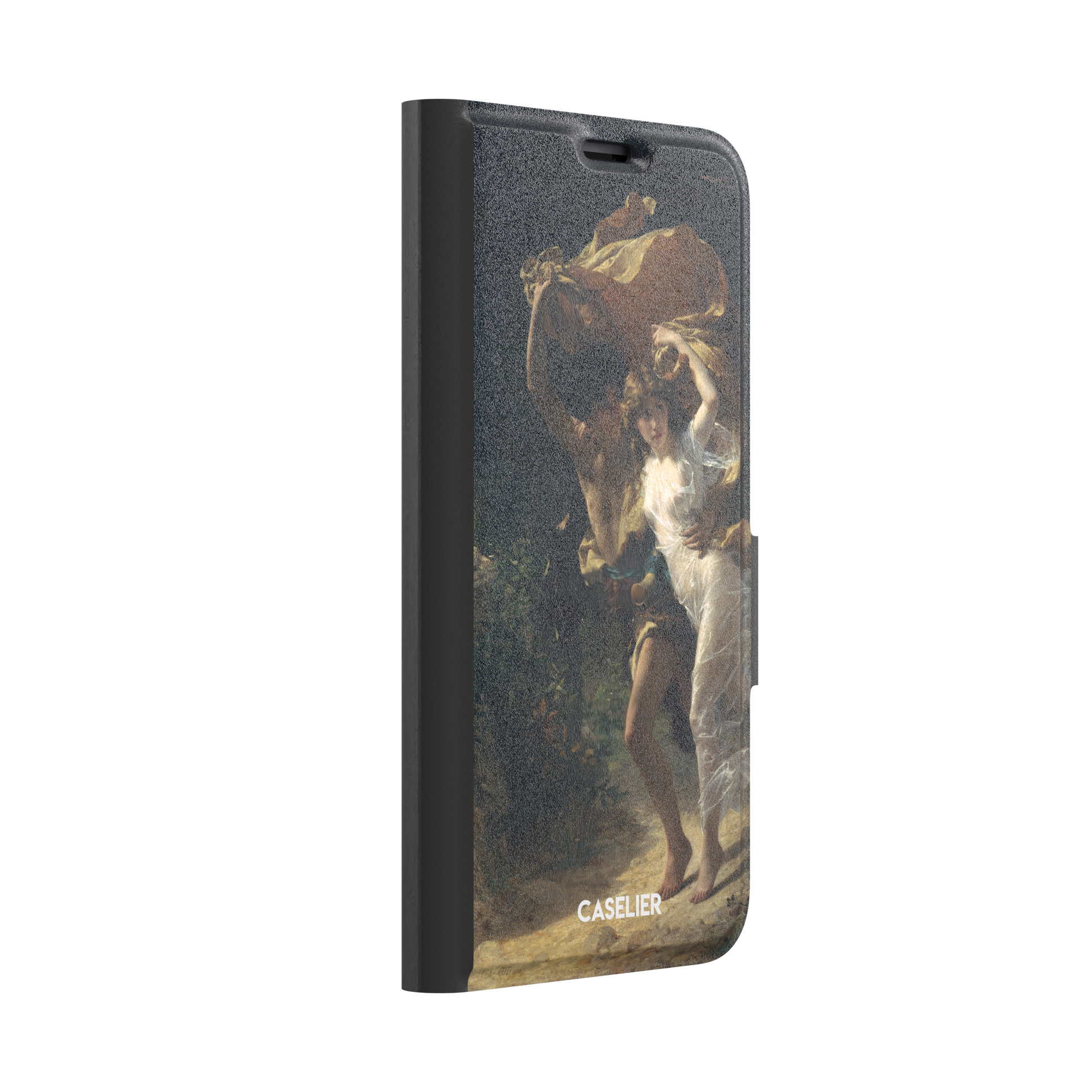 The Storm by Pierre Auguste Cot, showing two figures fleeing a storm in warm golds, white, and deep teal tones — wallet case, left view