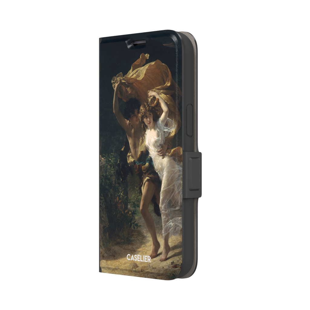 The Storm by Pierre Auguste Cot, showing two figures fleeing a storm in warm golds, white, and deep teal tones — wallet case, right view