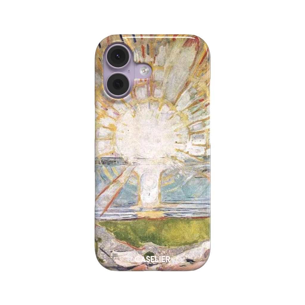The Sun by Edvard Munch phone case showing a radiant white sun with golden rays over a teal and green landscape, expressionist painting style, phone case by Caselier — snap case, front view