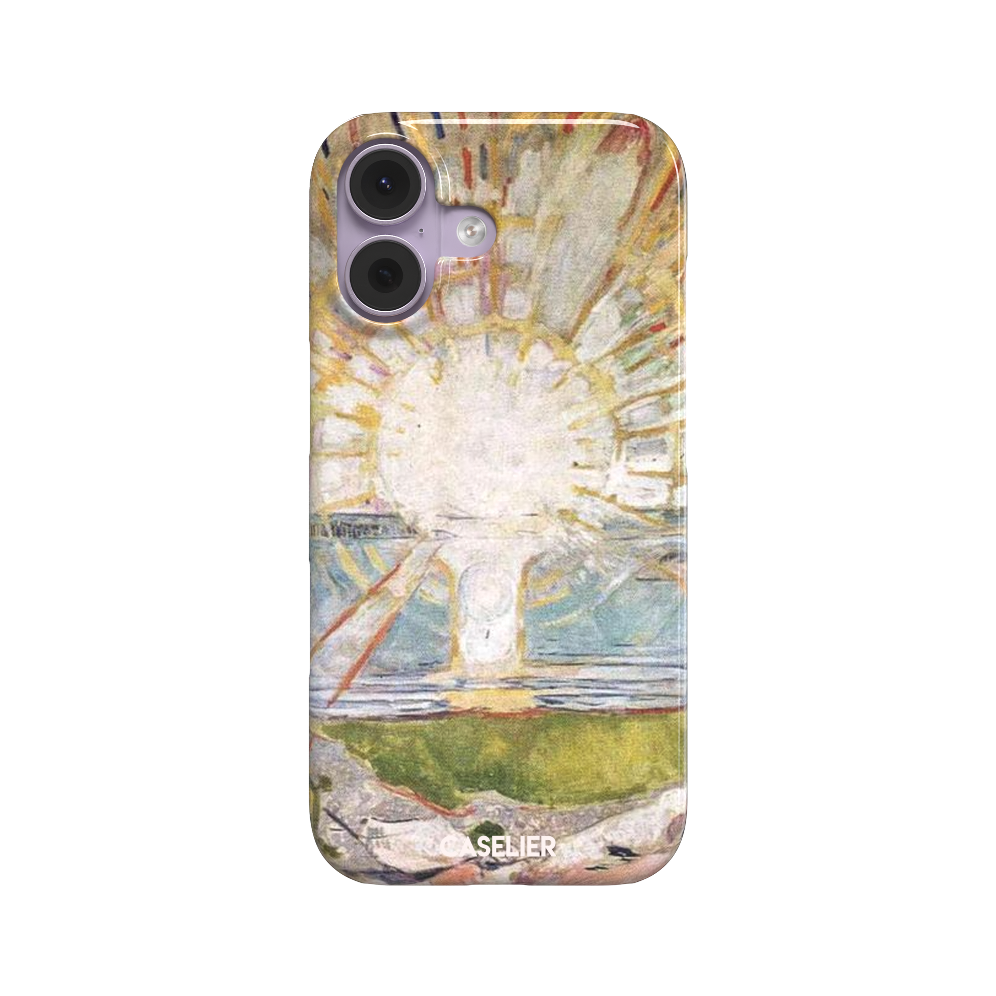 The Sun by Edvard Munch phone case showing a radiant white sun with golden rays over a teal and green landscape, expressionist painting style, phone case by Caselier — snap case, front view