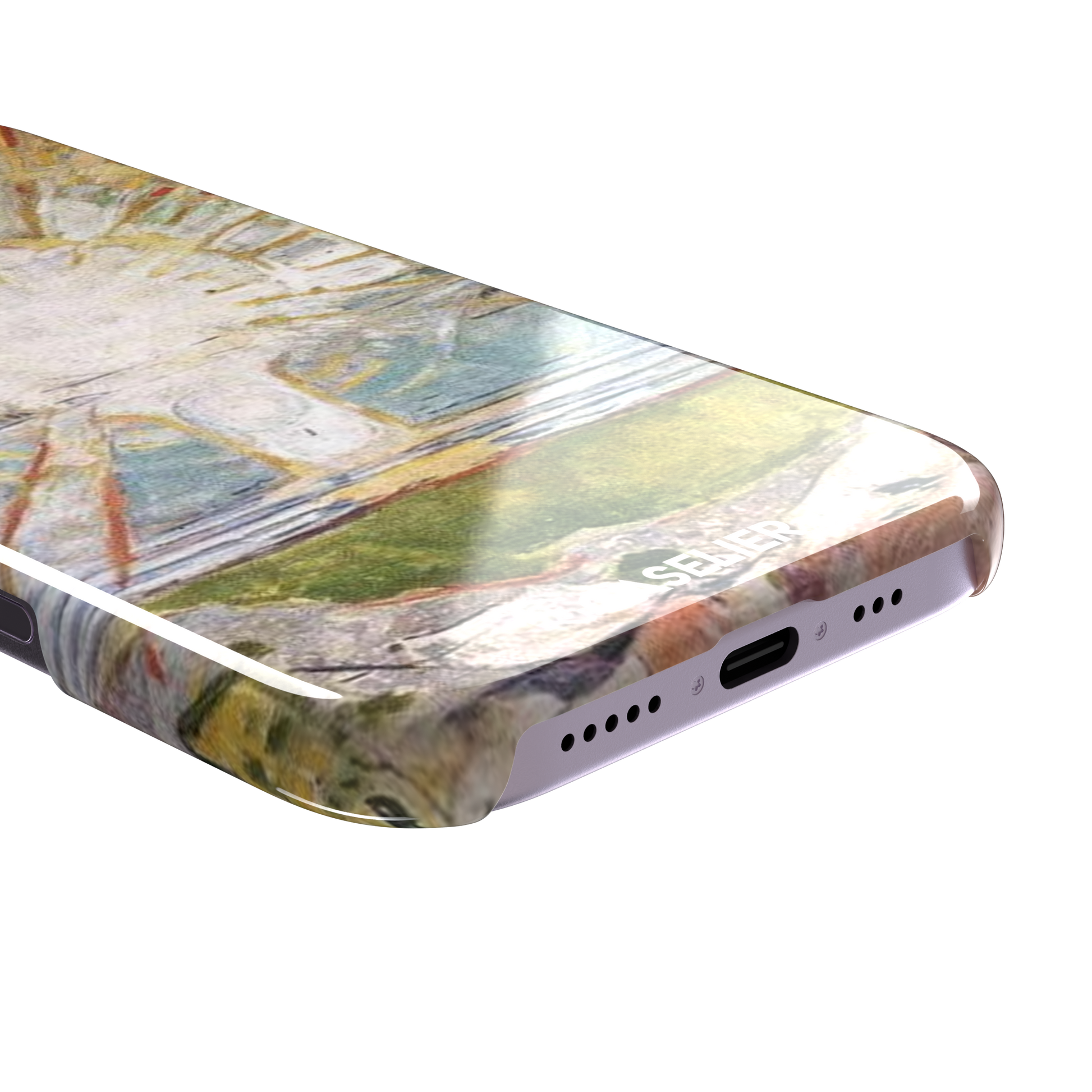 The Sun by Edvard Munch phone case showing a radiant white sun with golden rays over a teal and green landscape, expressionist painting style, phone case by Caselier — snap case, charging port detail