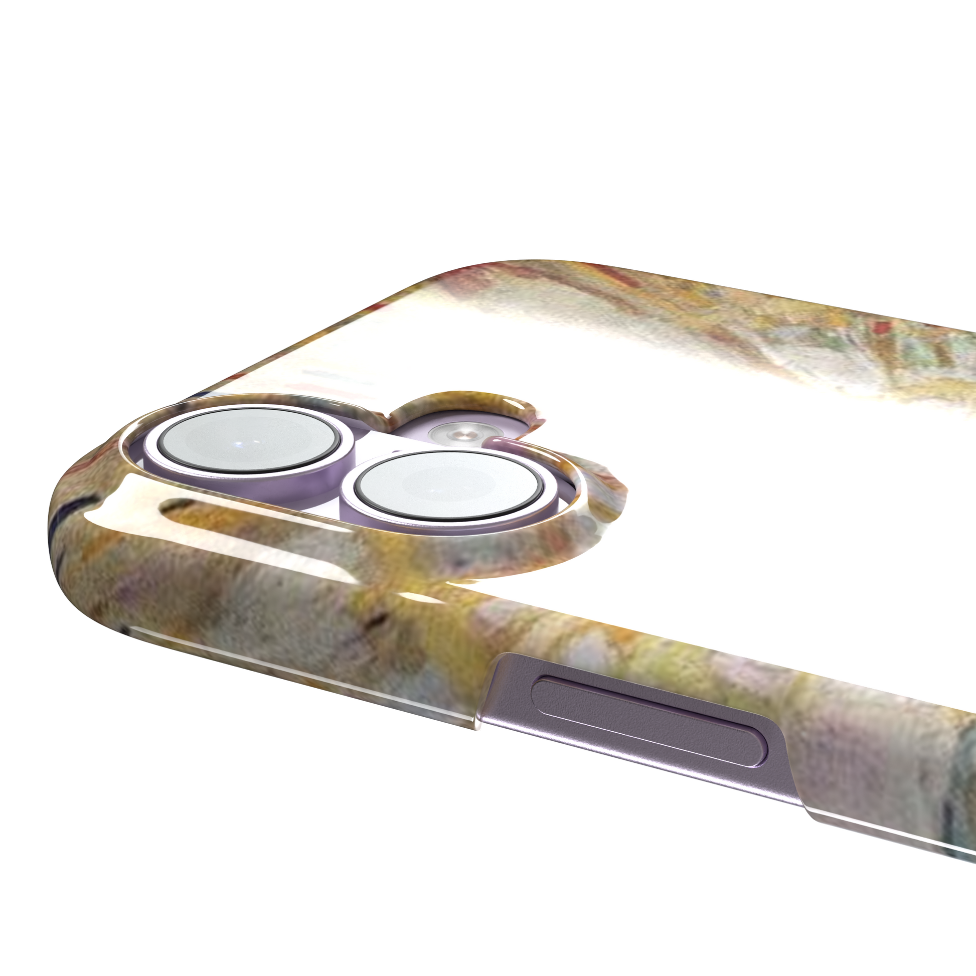 The Sun by Edvard Munch phone case showing a radiant white sun with golden rays over a teal and green landscape, expressionist painting style, phone case by Caselier — snap case, volume buttons detail