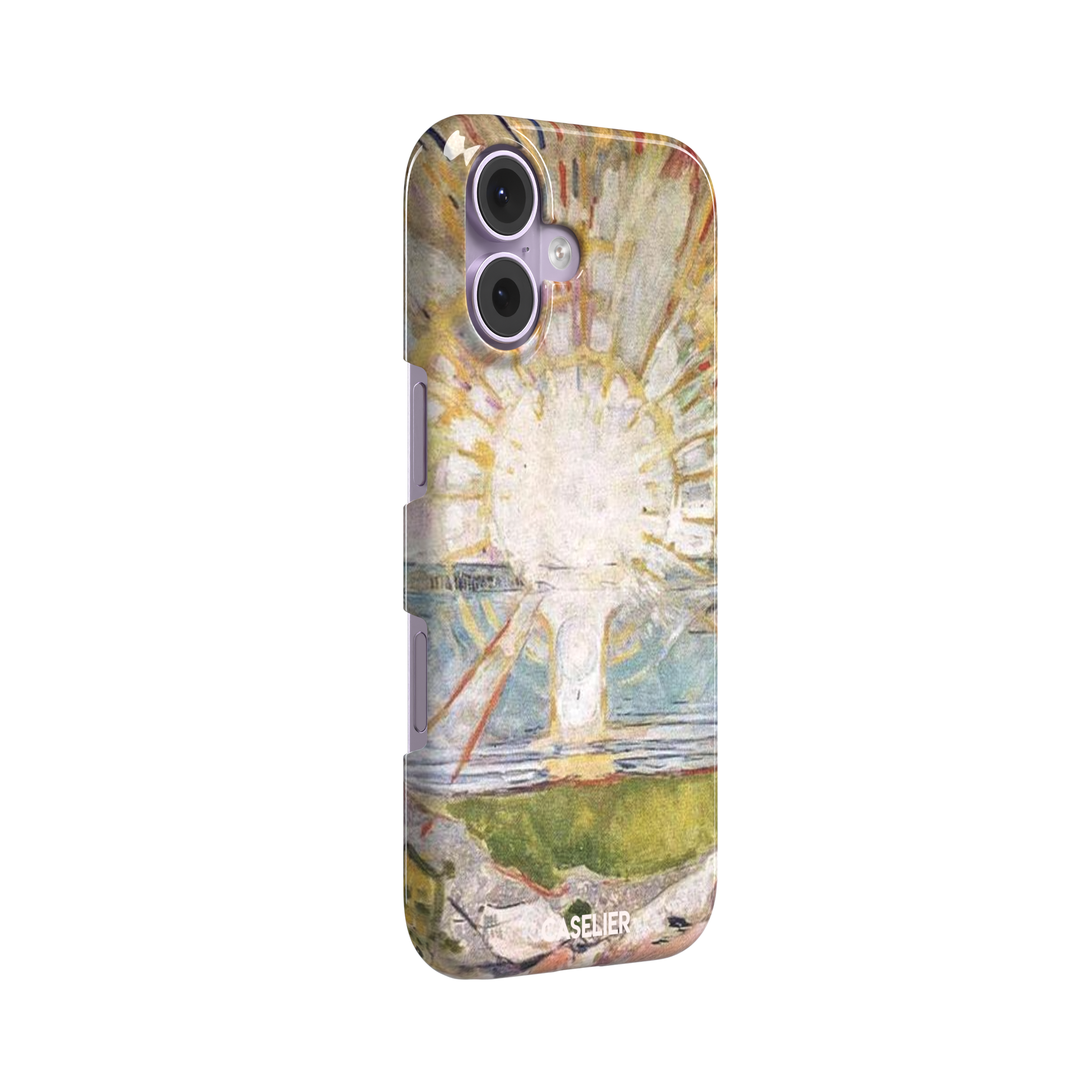 The Sun by Edvard Munch phone case showing a radiant white sun with golden rays over a teal and green landscape, expressionist painting style, phone case by Caselier — snap case, left view