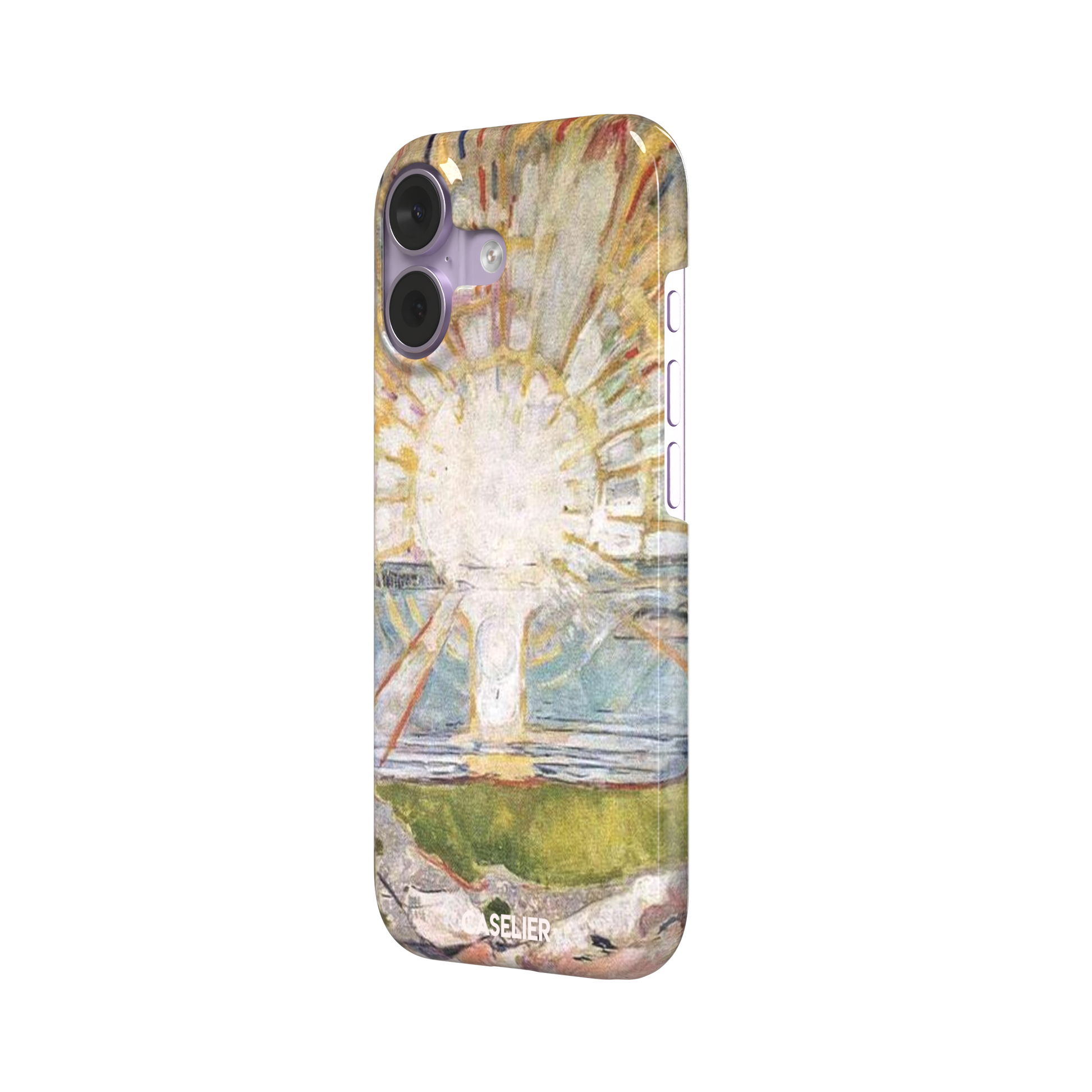 The Sun by Edvard Munch phone case showing a radiant white sun with golden rays over a teal and green landscape, expressionist painting style, phone case by Caselier — snap case, right view