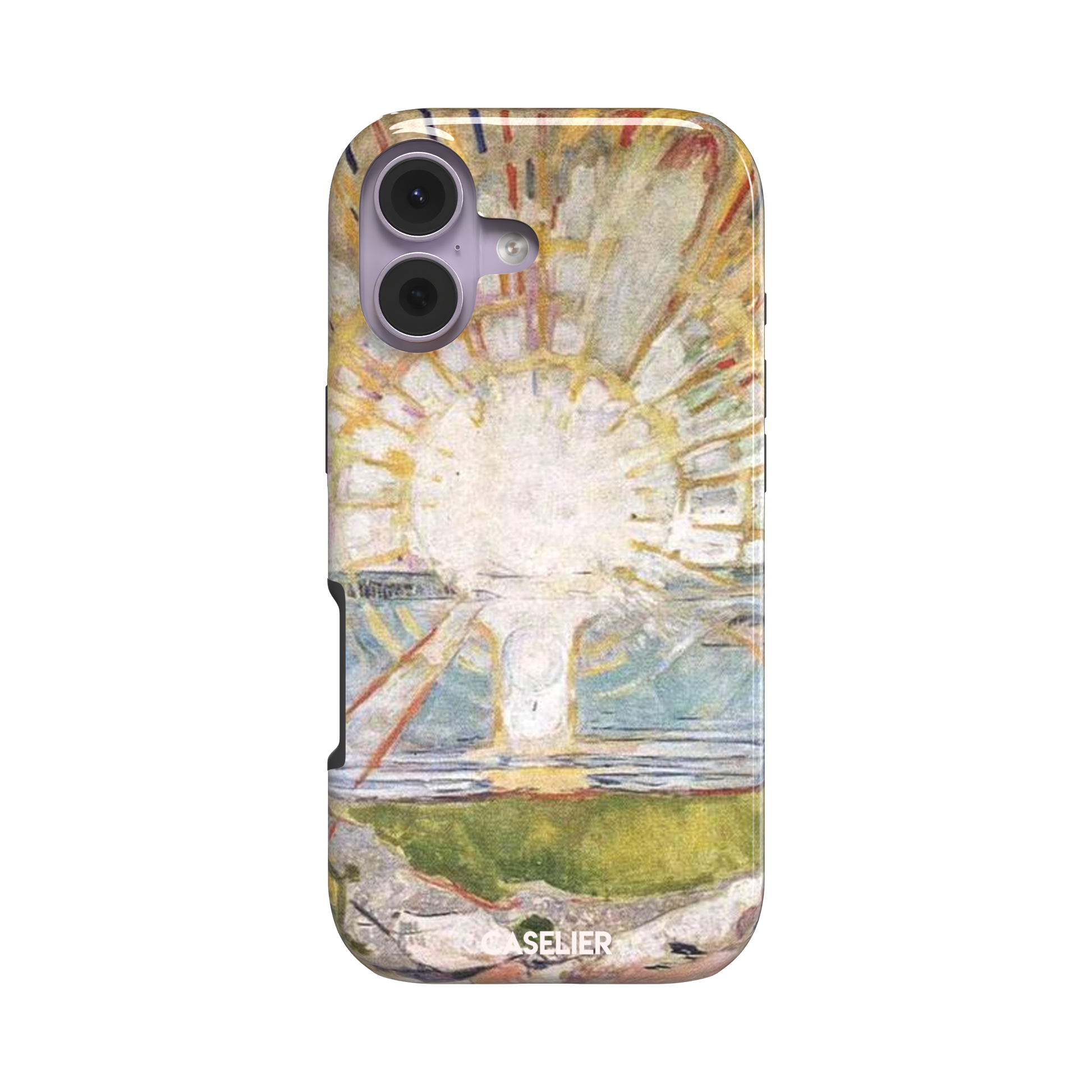 The Sun by Edvard Munch phone case showing a radiant white sun with golden rays over a teal and green landscape, expressionist painting style, phone case by Caselier — tough case, front view