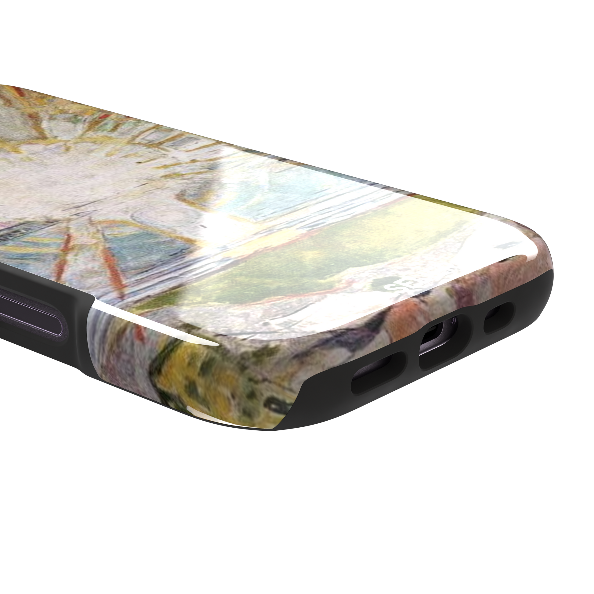 The Sun by Edvard Munch phone case showing a radiant white sun with golden rays over a teal and green landscape, expressionist painting style, phone case by Caselier — tough case, charging port detail