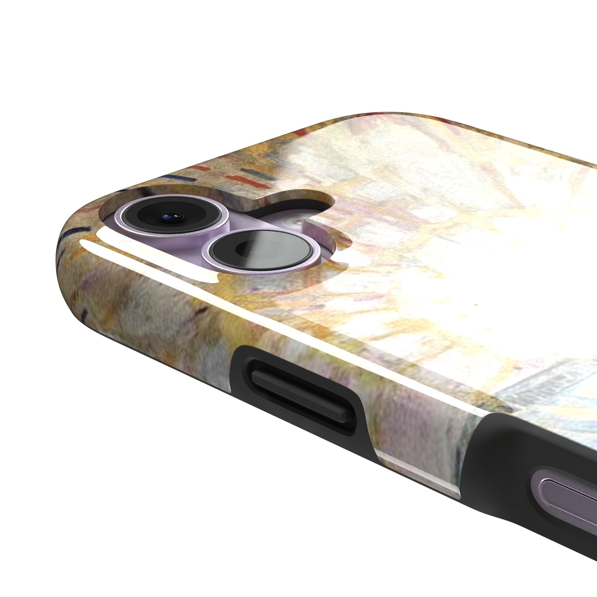The Sun by Edvard Munch phone case showing a radiant white sun with golden rays over a teal and green landscape, expressionist painting style, phone case by Caselier — tough case, volume buttons detail