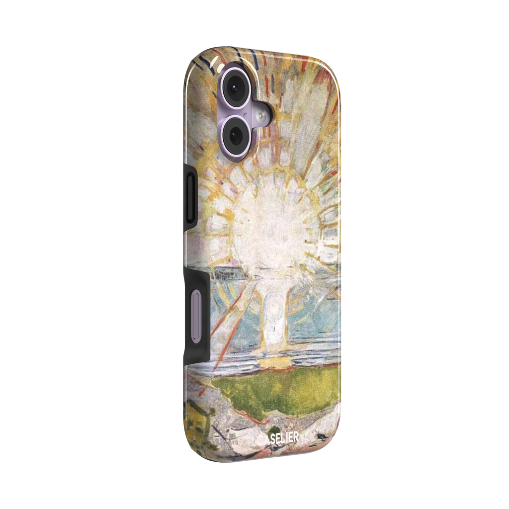 The Sun by Edvard Munch phone case showing a radiant white sun with golden rays over a teal and green landscape, expressionist painting style, phone case by Caselier — tough case, left view