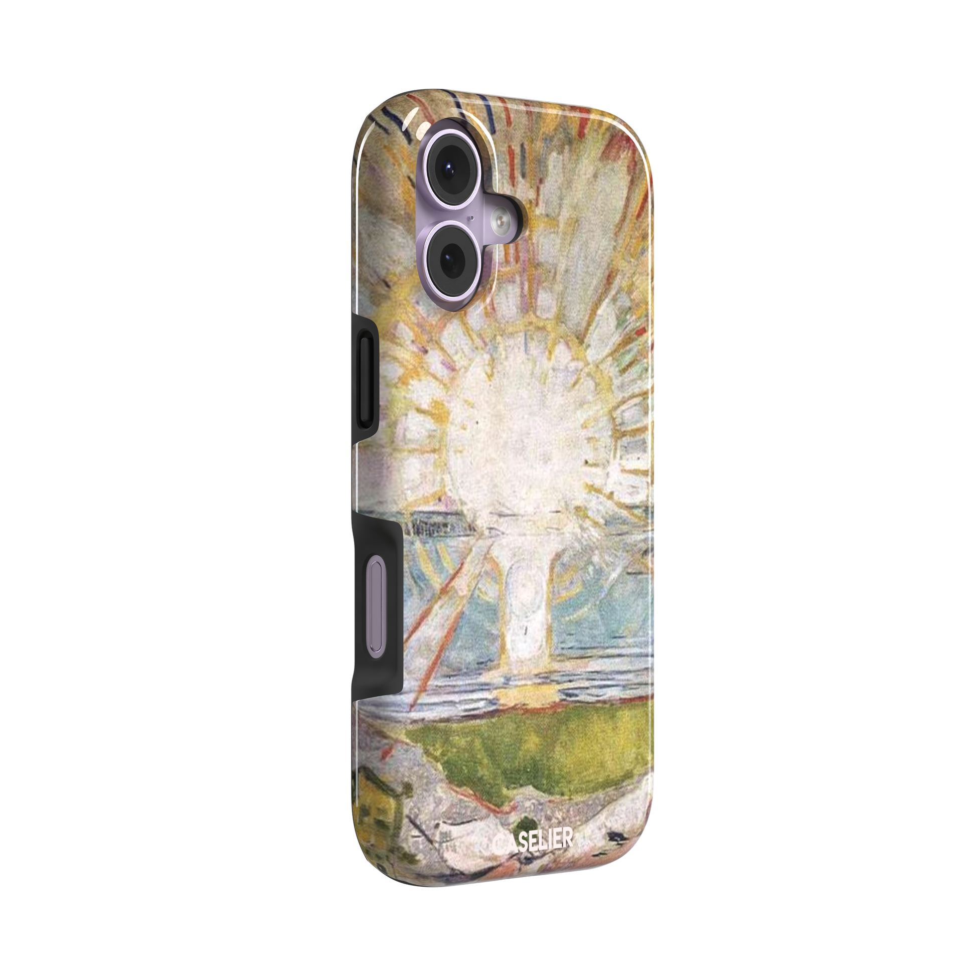 The Sun by Edvard Munch phone case showing a radiant white sun with golden rays over a teal and green landscape, expressionist painting style, phone case by Caselier — tough case, left view