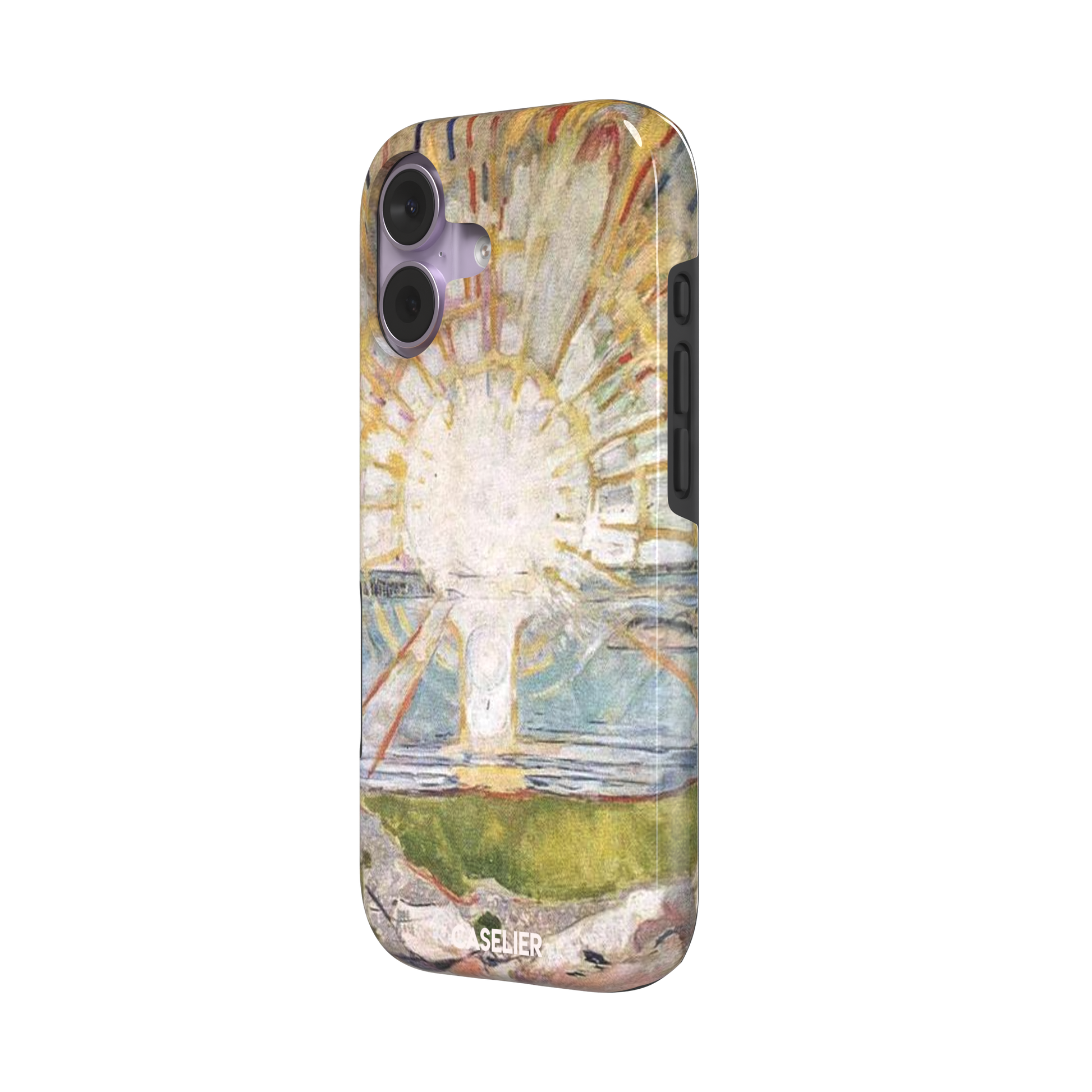 The Sun by Edvard Munch phone case showing a radiant white sun with golden rays over a teal and green landscape, expressionist painting style, phone case by Caselier — tough case, right view