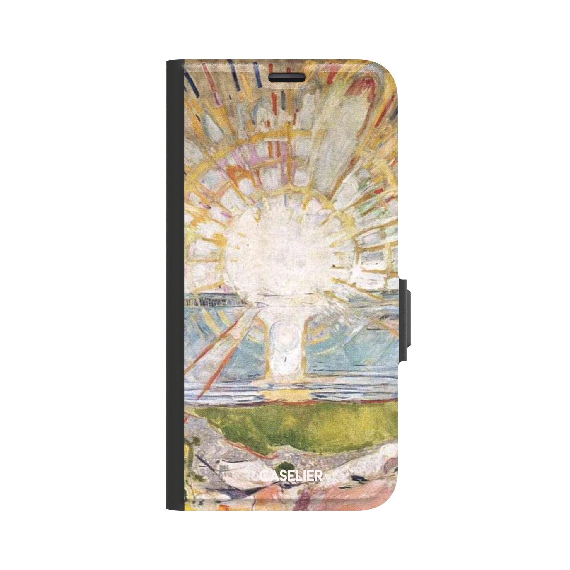 The Sun by Edvard Munch phone case showing a radiant white sun with golden rays over a teal and green landscape, expressionist painting style, phone case by Caselier — wallet case, front view