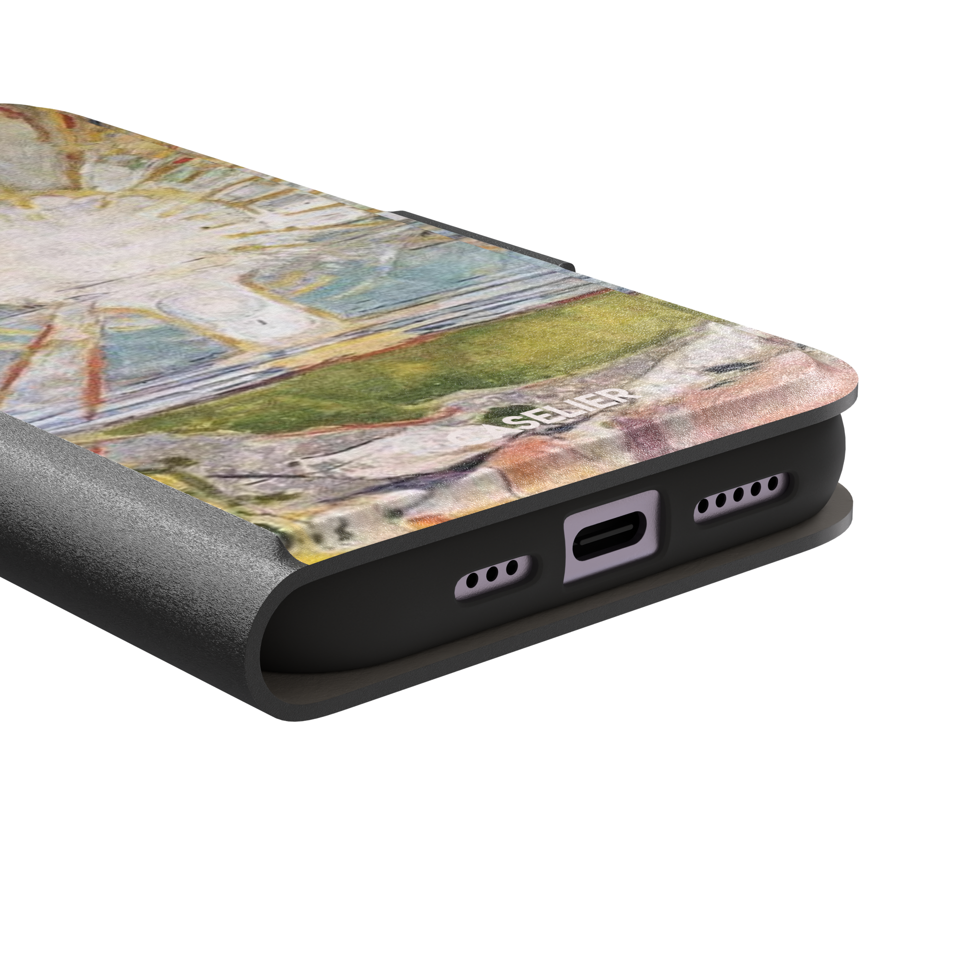 The Sun by Edvard Munch phone case showing a radiant white sun with golden rays over a teal and green landscape, expressionist painting style, phone case by Caselier — wallet case, charging port detail