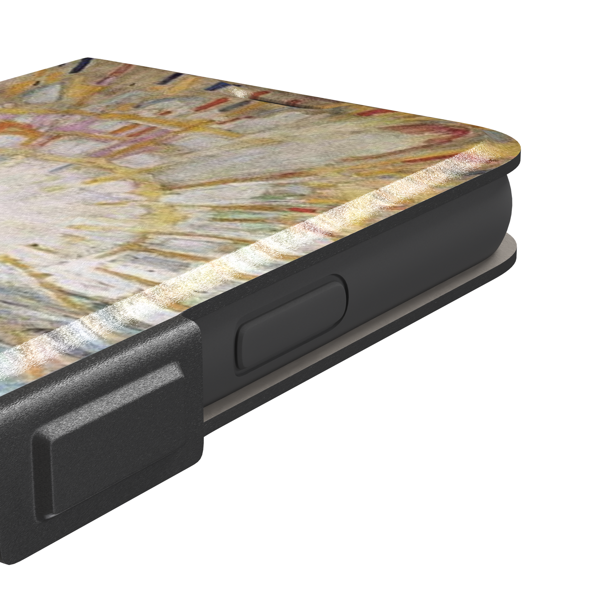 The Sun by Edvard Munch phone case showing a radiant white sun with golden rays over a teal and green landscape, expressionist painting style, phone case by Caselier — wallet case, volume buttons detail