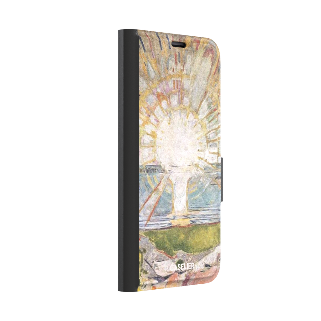 The Sun by Edvard Munch phone case showing a radiant white sun with golden rays over a teal and green landscape, expressionist painting style, phone case by Caselier — wallet case, left view