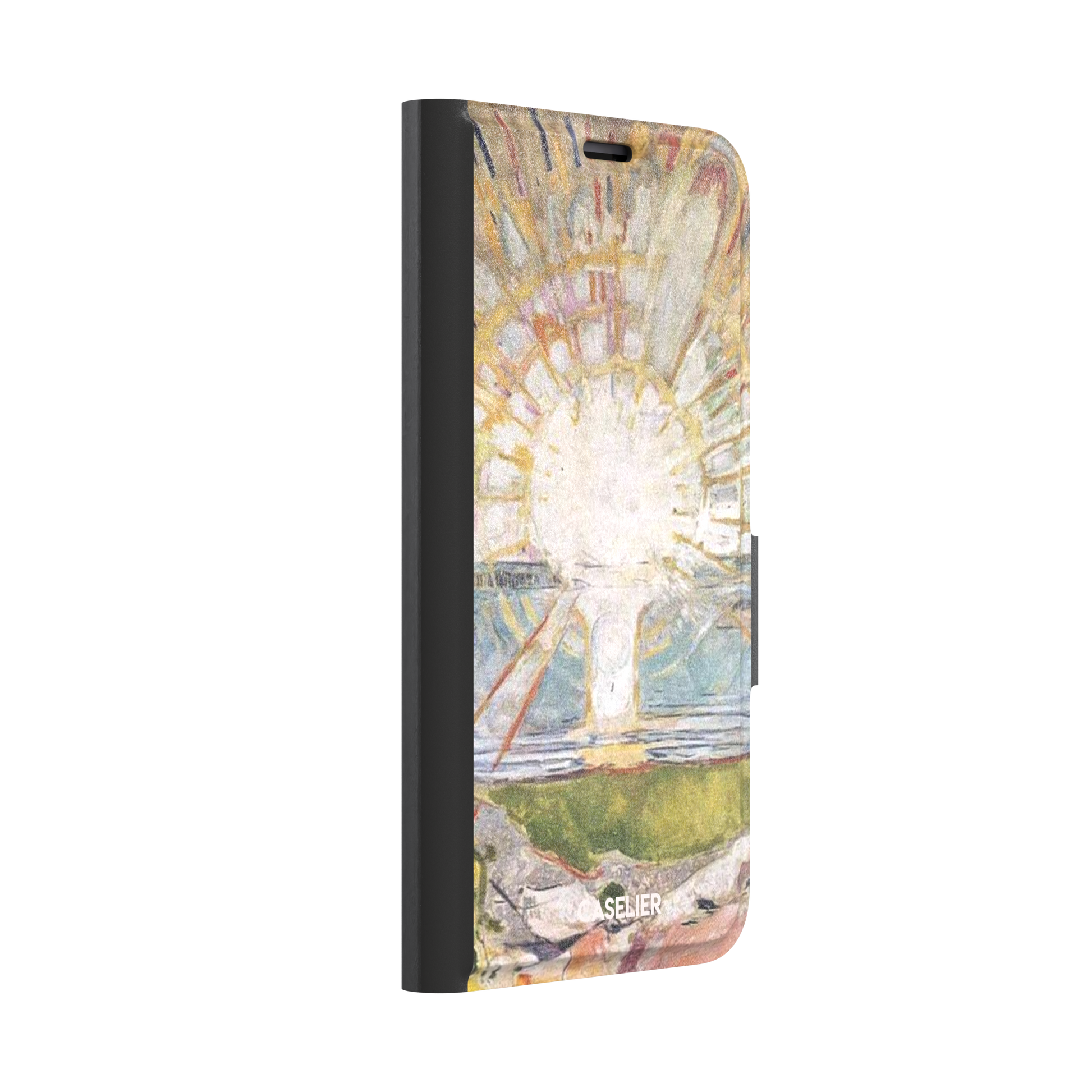 The Sun by Edvard Munch phone case showing a radiant white sun with golden rays over a teal and green landscape, expressionist painting style, phone case by Caselier — wallet case, left view