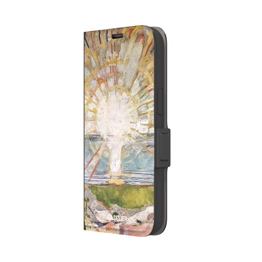 The Sun by Edvard Munch phone case showing a radiant white sun with golden rays over a teal and green landscape, expressionist painting style, phone case by Caselier — wallet case, right view