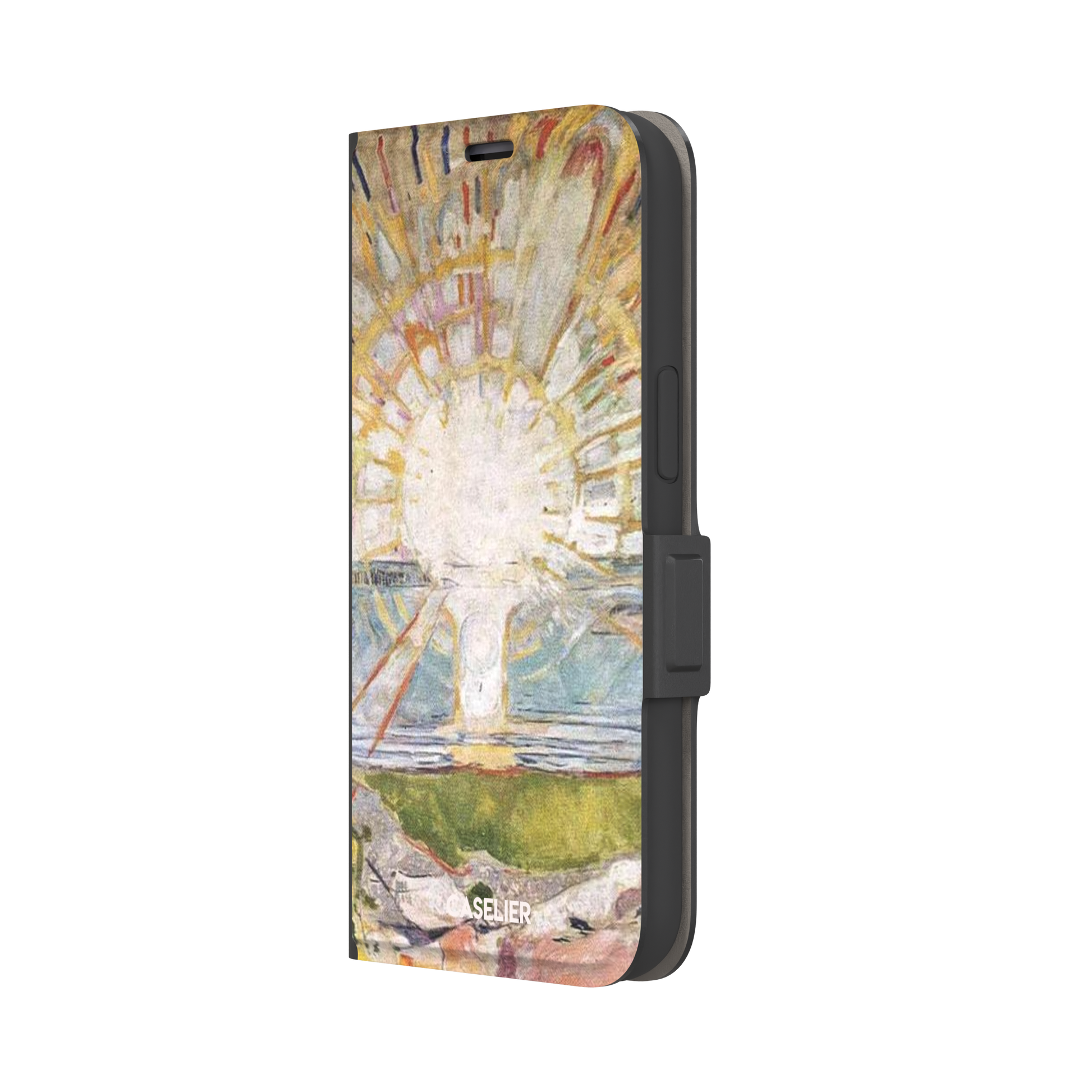 The Sun by Edvard Munch phone case showing a radiant white sun with golden rays over a teal and green landscape, expressionist painting style, phone case by Caselier — wallet case, right view