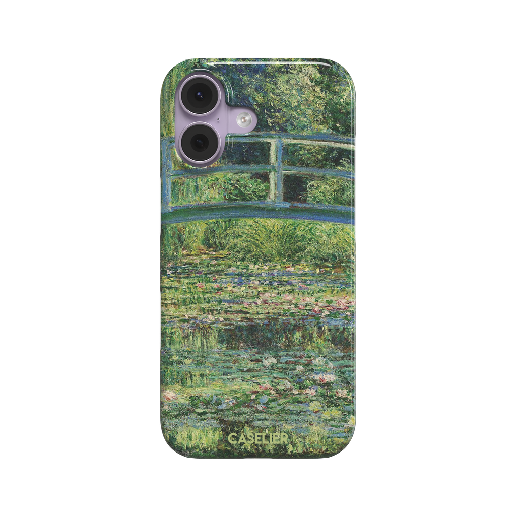 The Water Lily Pond by Claude Monet phone case showing the Japanese bridge over a green lily-covered pond with soft impressionist brushwork in deep greens and pink water lilies, phone case by Caselier — snap case, front view