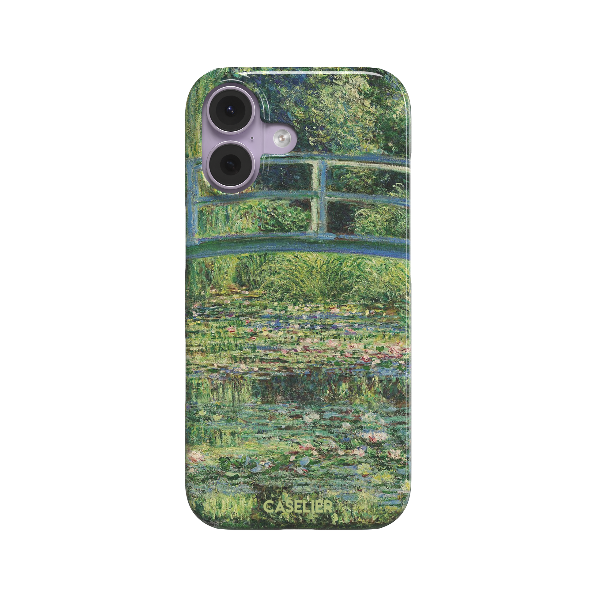 The Water Lily Pond by Claude Monet phone case showing the Japanese bridge over a green lily-covered pond with soft impressionist brushwork in deep greens and pink water lilies, phone case by Caselier — snap case, front view