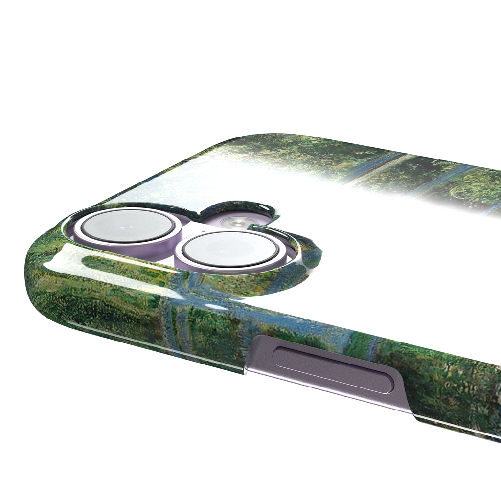 The Water Lily Pond by Claude Monet phone case showing the Japanese bridge over a green lily-covered pond with soft impressionist brushwork in deep greens and pink water lilies, phone case by Caselier — snap case, volume buttons detail