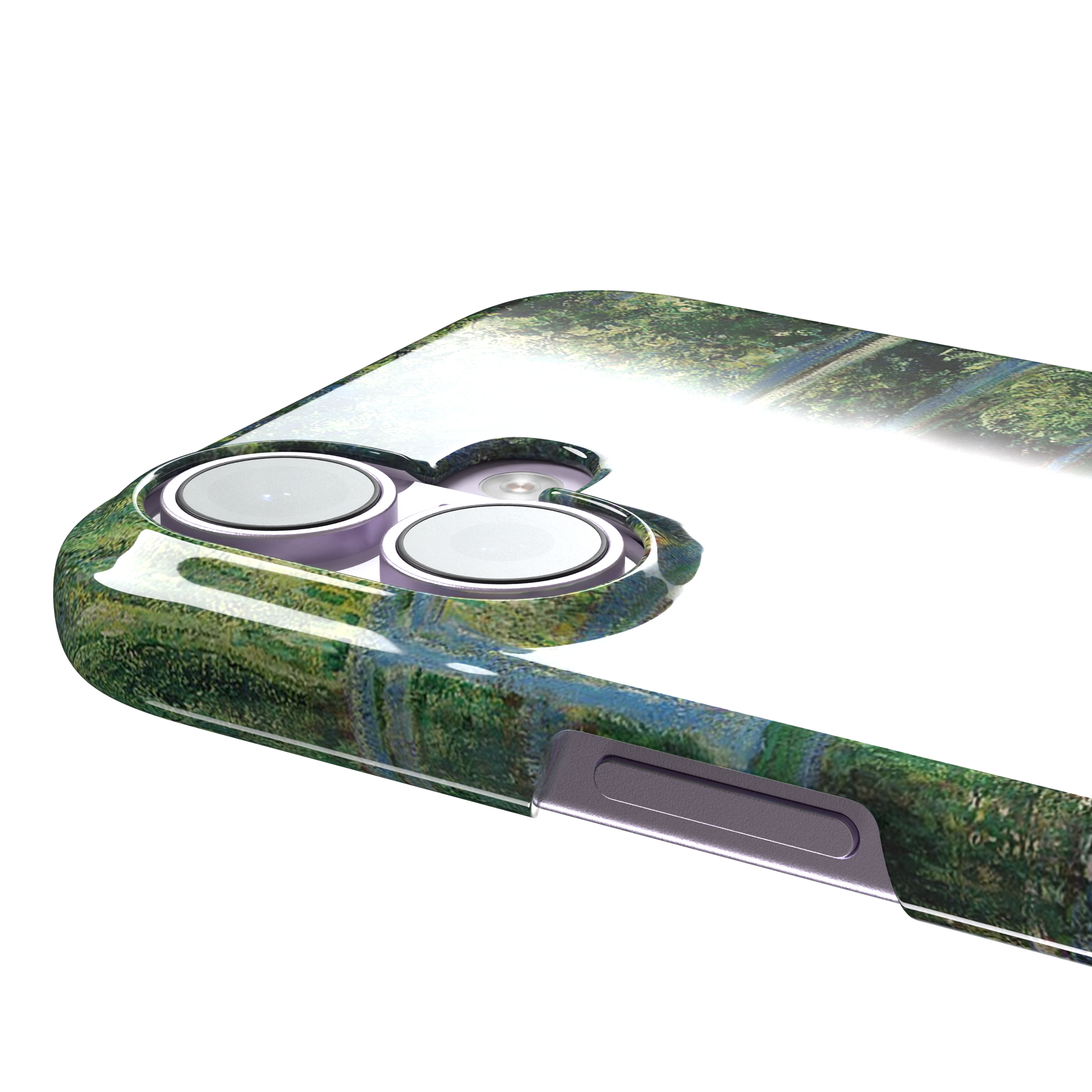 The Water Lily Pond by Claude Monet phone case showing the Japanese bridge over a green lily-covered pond with soft impressionist brushwork in deep greens and pink water lilies, phone case by Caselier — snap case, volume buttons detail