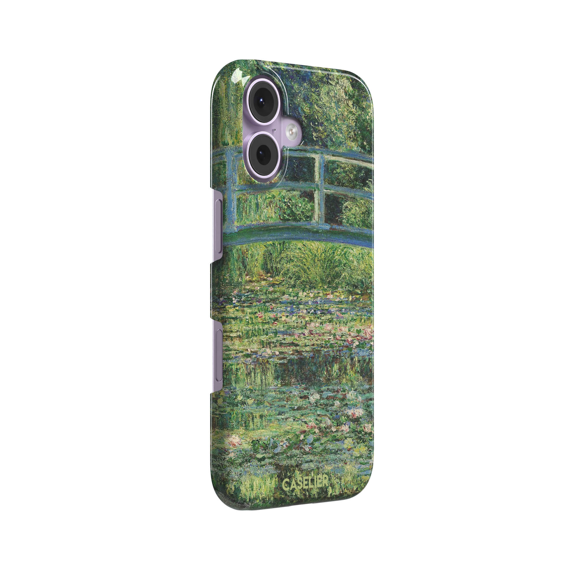 The Water Lily Pond by Claude Monet phone case showing the Japanese bridge over a green lily-covered pond with soft impressionist brushwork in deep greens and pink water lilies, phone case by Caselier — snap case, left view