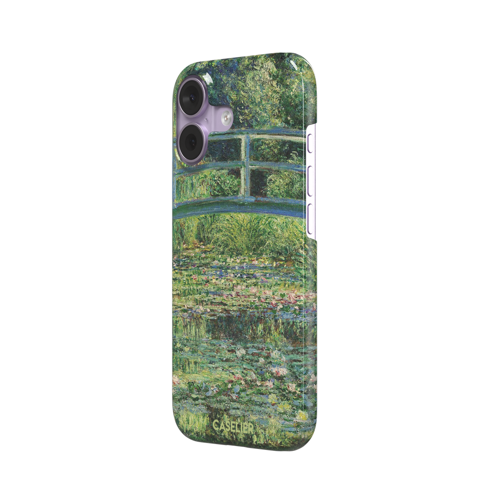 The Water Lily Pond by Claude Monet phone case showing the Japanese bridge over a green lily-covered pond with soft impressionist brushwork in deep greens and pink water lilies, phone case by Caselier — snap case, right view