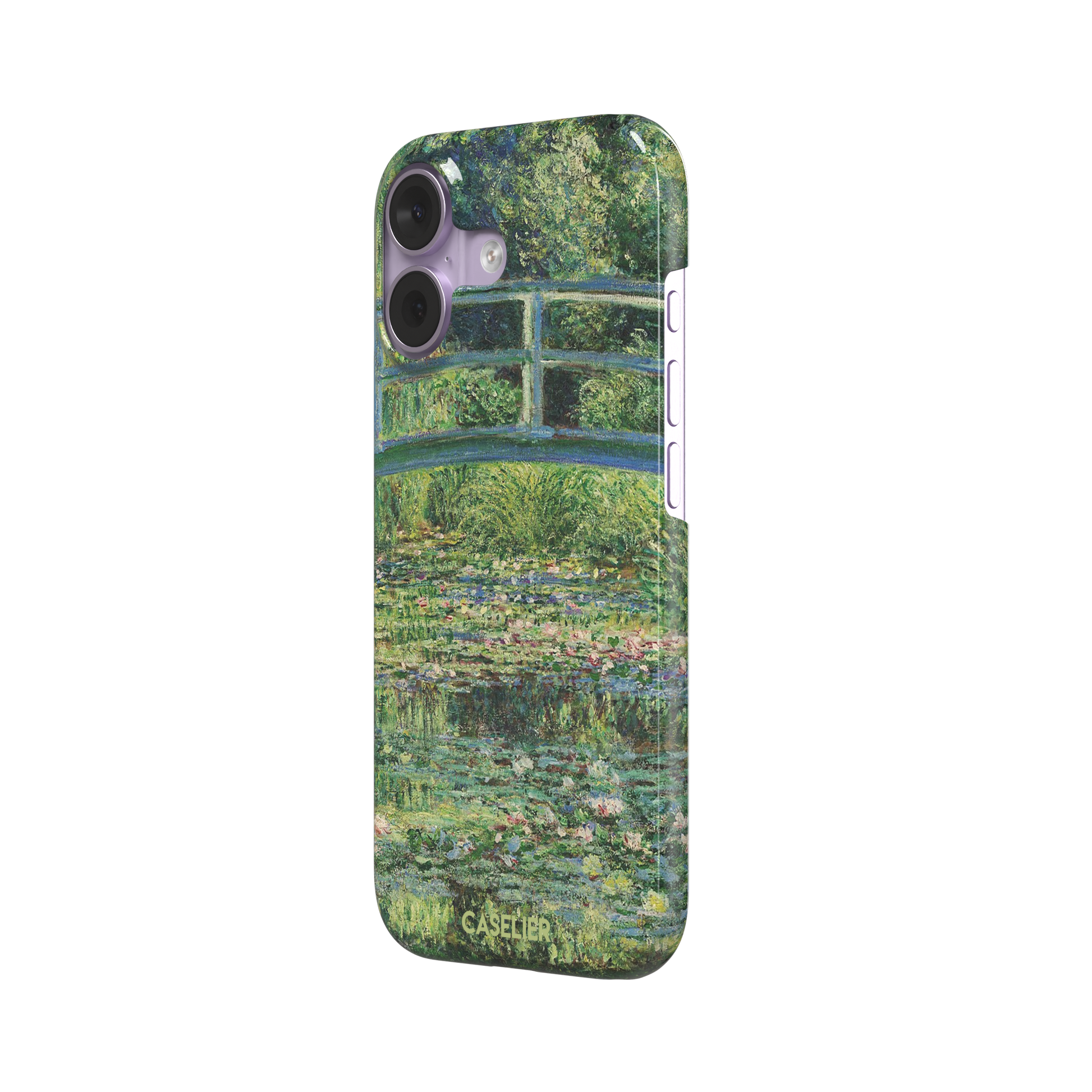 The Water Lily Pond by Claude Monet phone case showing the Japanese bridge over a green lily-covered pond with soft impressionist brushwork in deep greens and pink water lilies, phone case by Caselier — snap case, right view